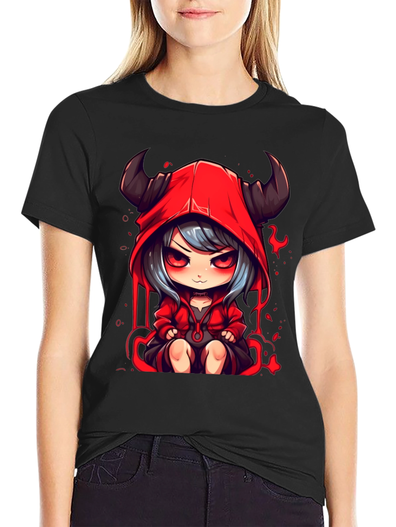 Black Anime Devil Girl Graphic Tee - Black Cotton T-Shirt view 2