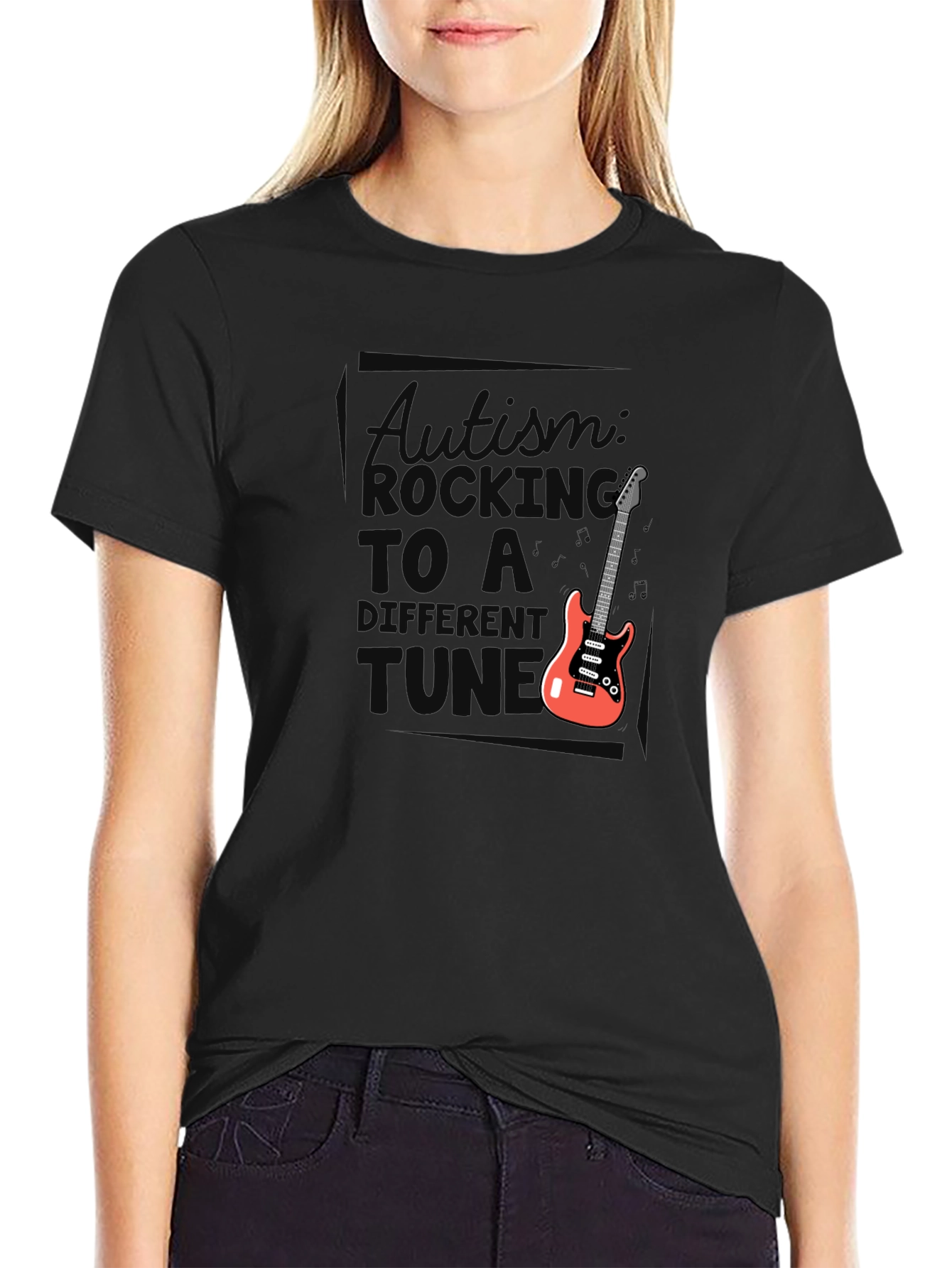 Black Autism Awareness Rocking to a Different Tune T-Shirt view 2