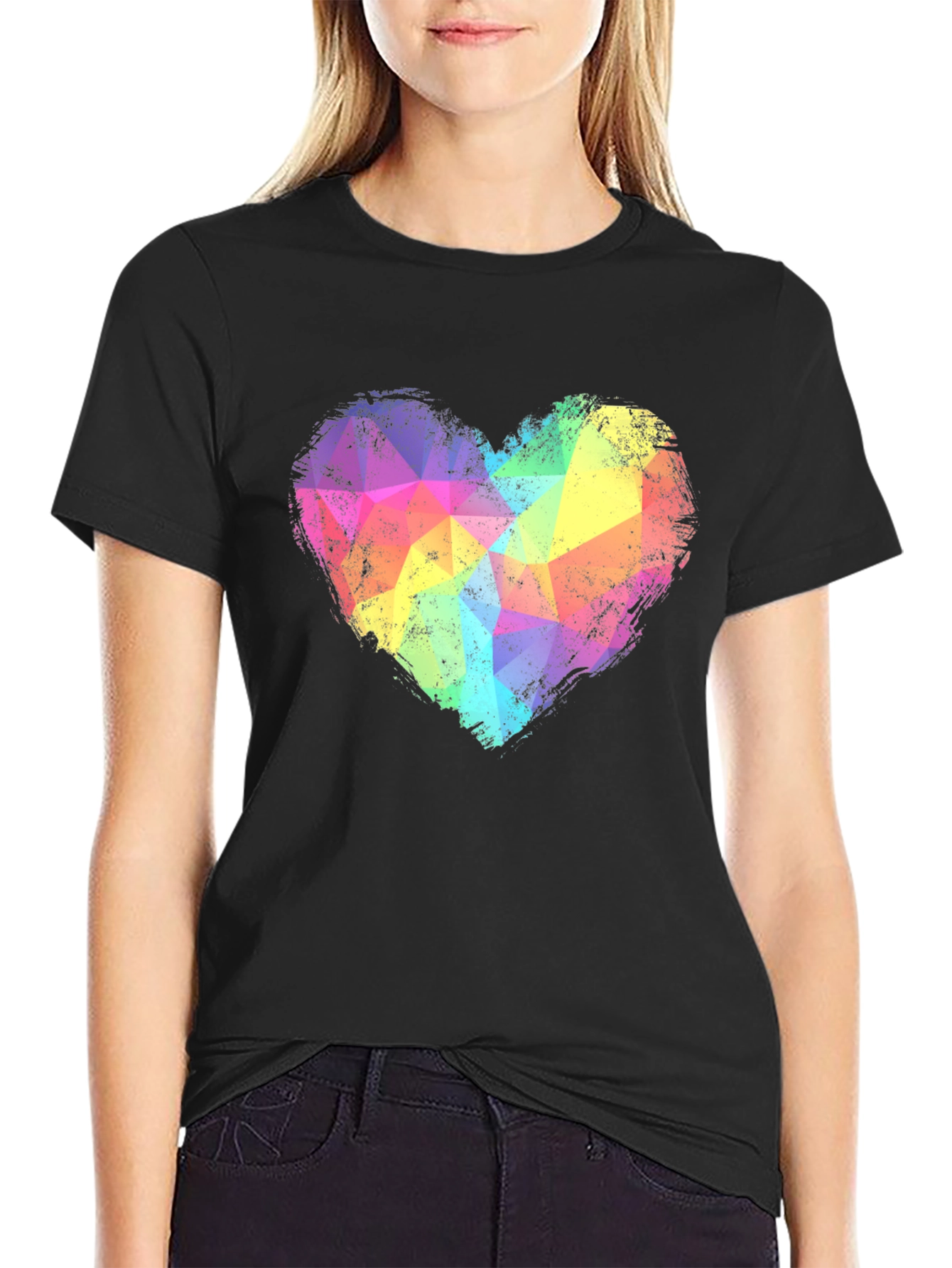 Black Rainbow Geometric Heart Graphic Tee - Black view 2