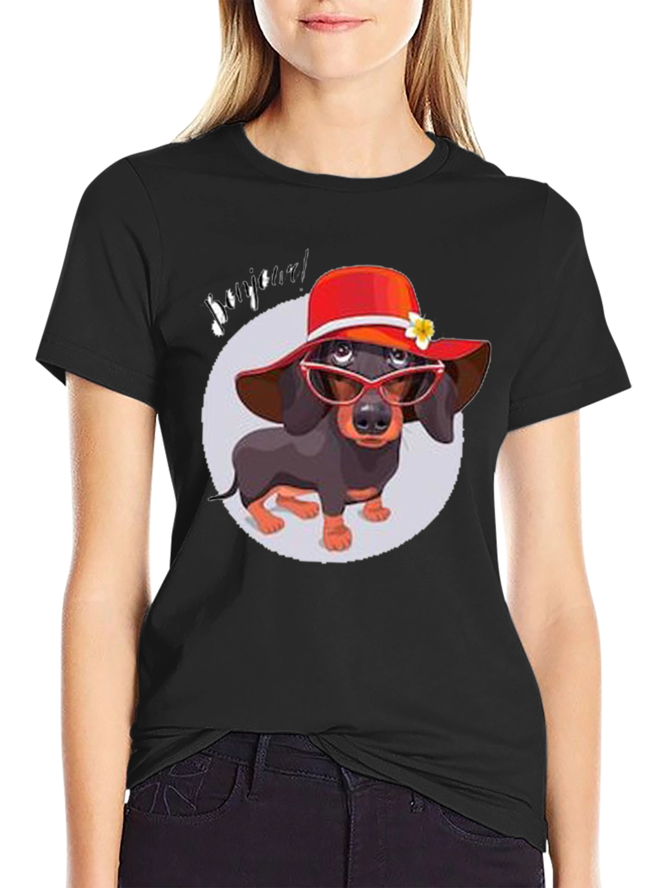 Black Dachshund in Hat T-Shirt - Funny Dog Lover Tee view 2