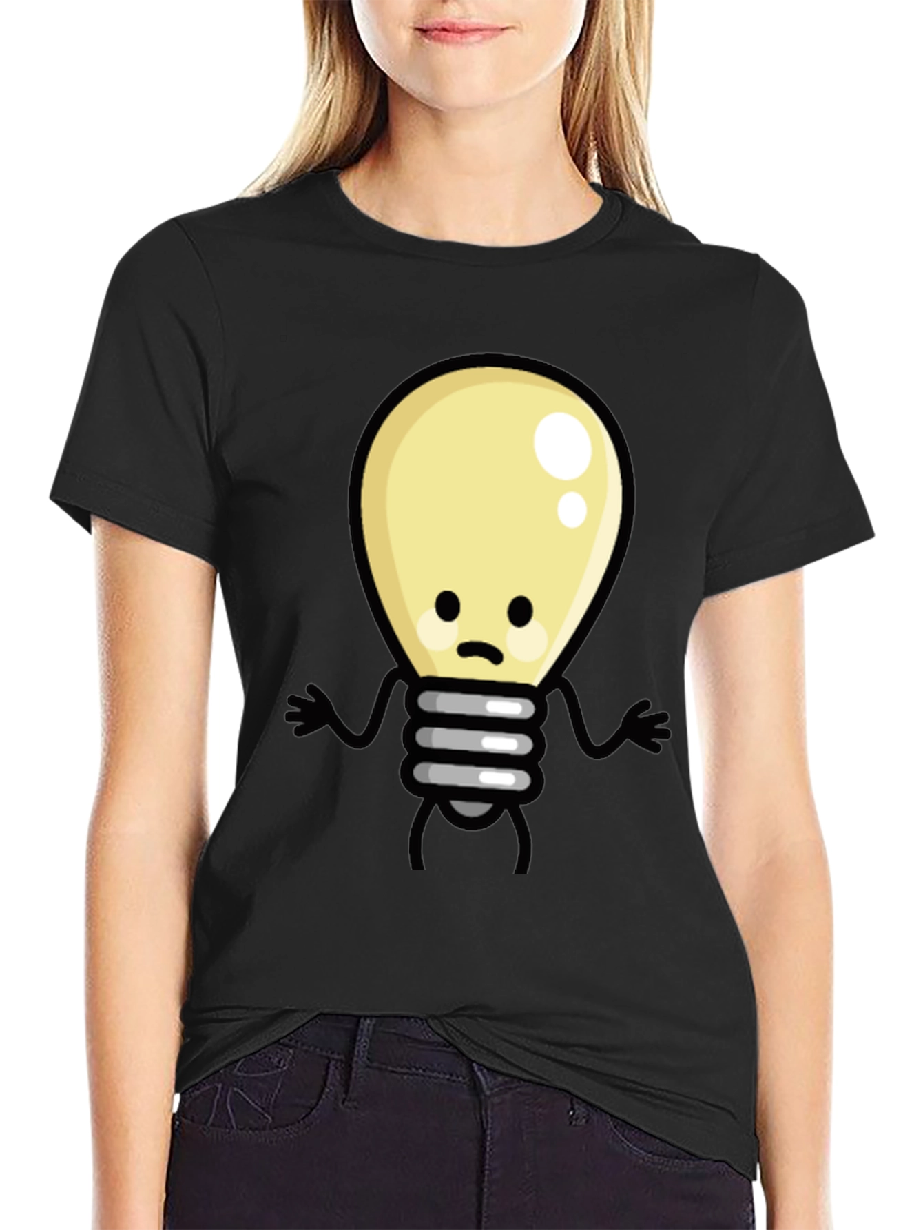 Black Funny Cartoon Light Bulb Black T-Shirt view 2