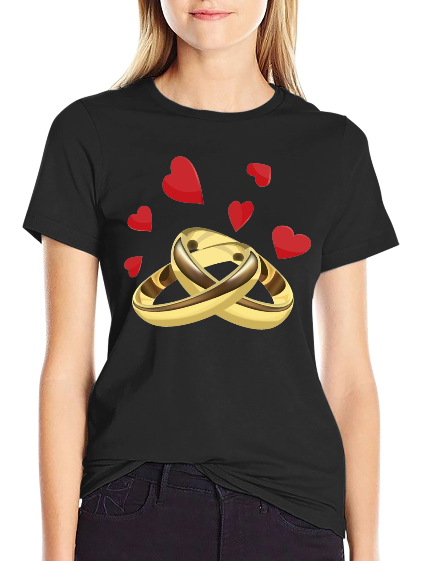 Black Golden Wedding Rings & Hearts Graphic Tee - Stylish & Unique view 2