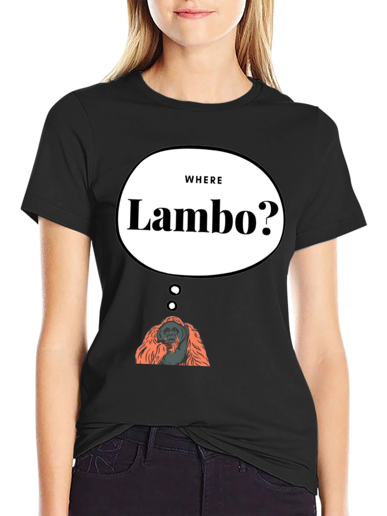 Black Where Lambo Orangutan T-Shirt - Funny Crypto Meme Tee view 2