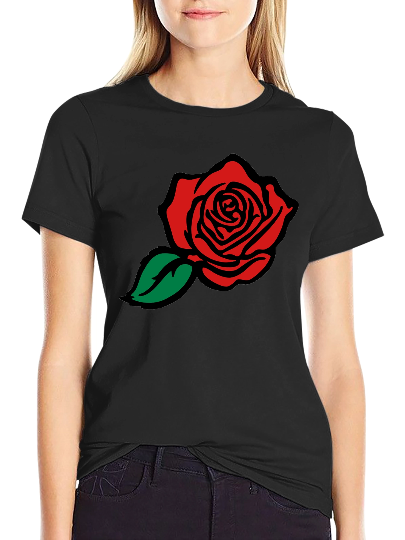 Black Black T-Shirt with Red Rose Graphic view 2