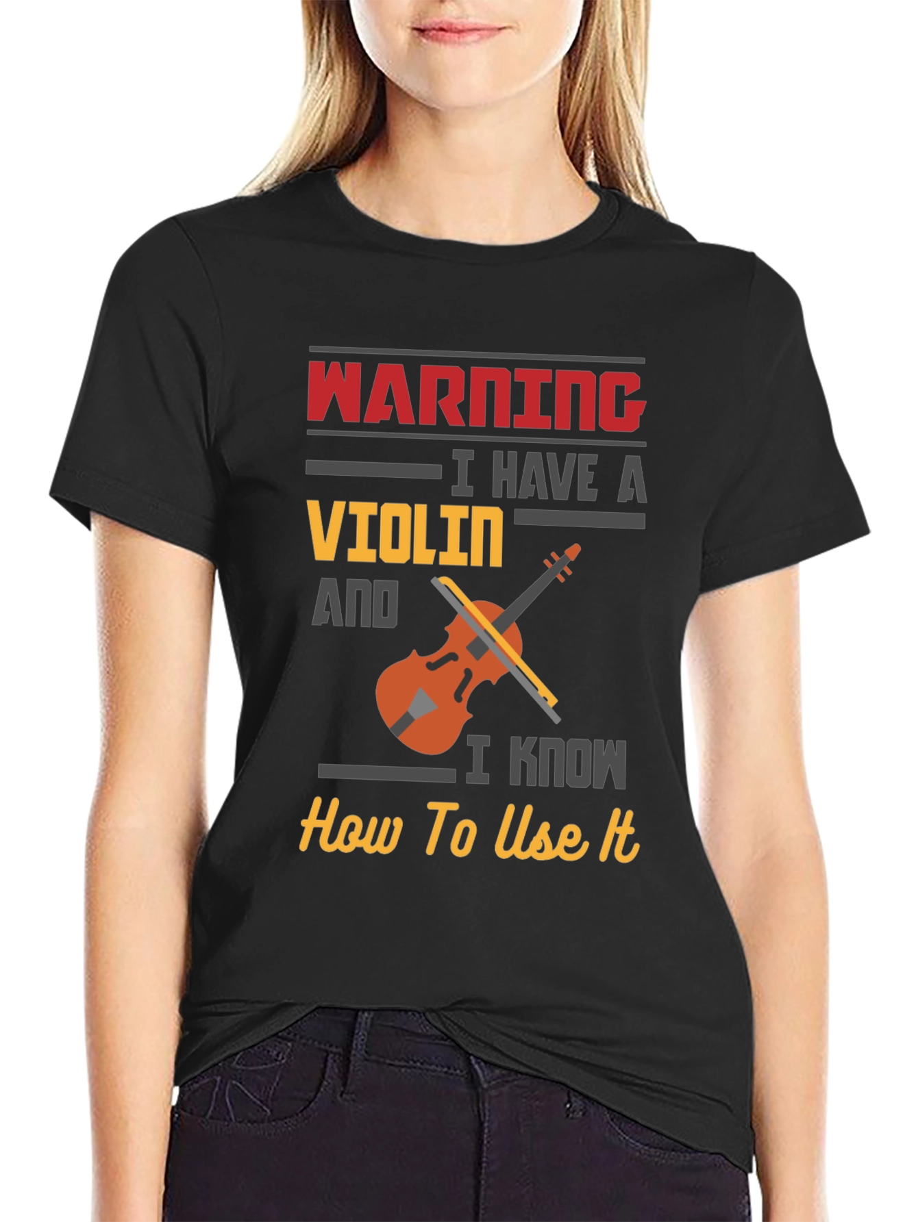 Black Warning Violin Player Black T-Shirt view 2