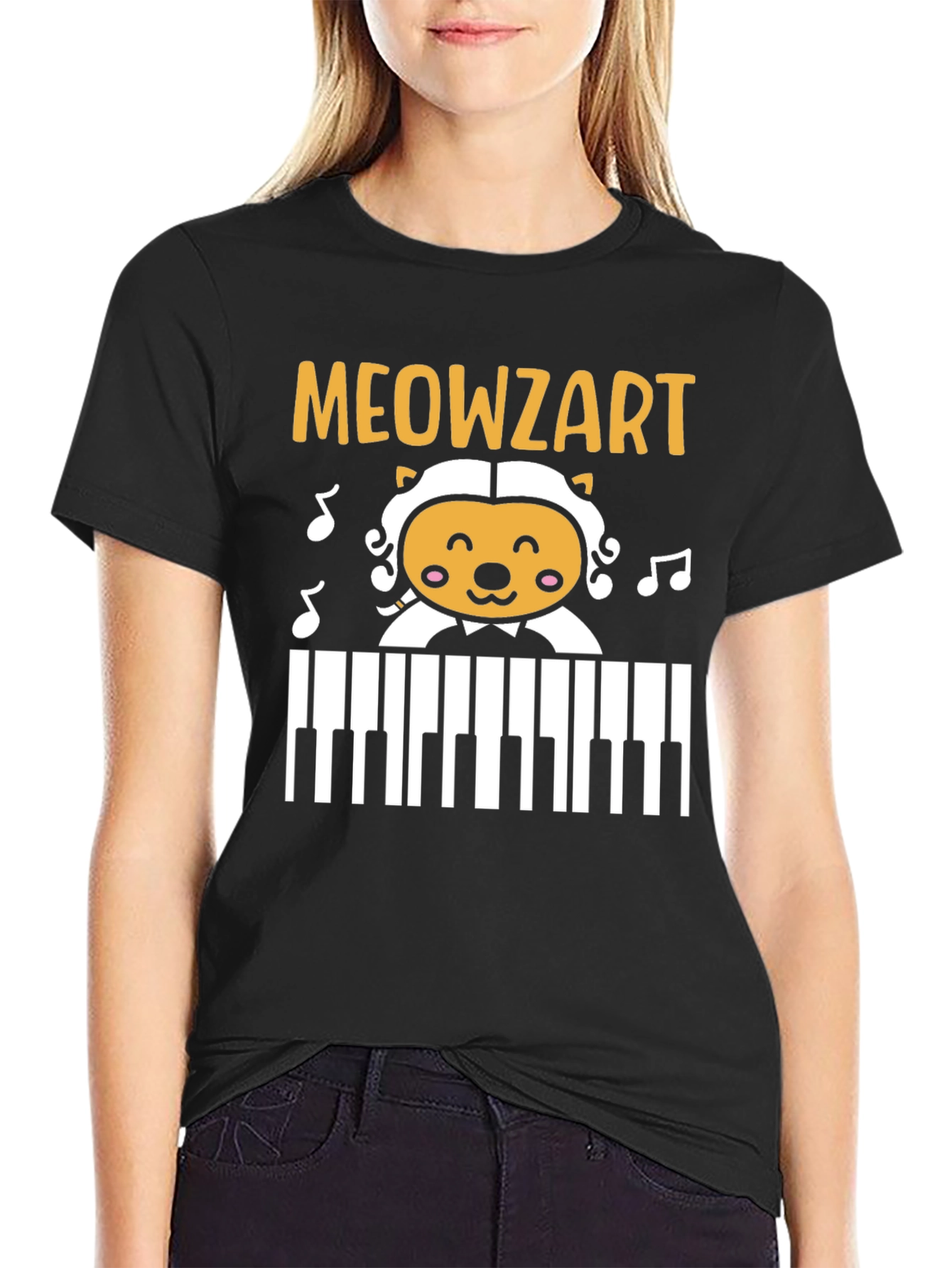 Black Meowzart Cat Piano T-Shirt - Music Lover Tee view 2