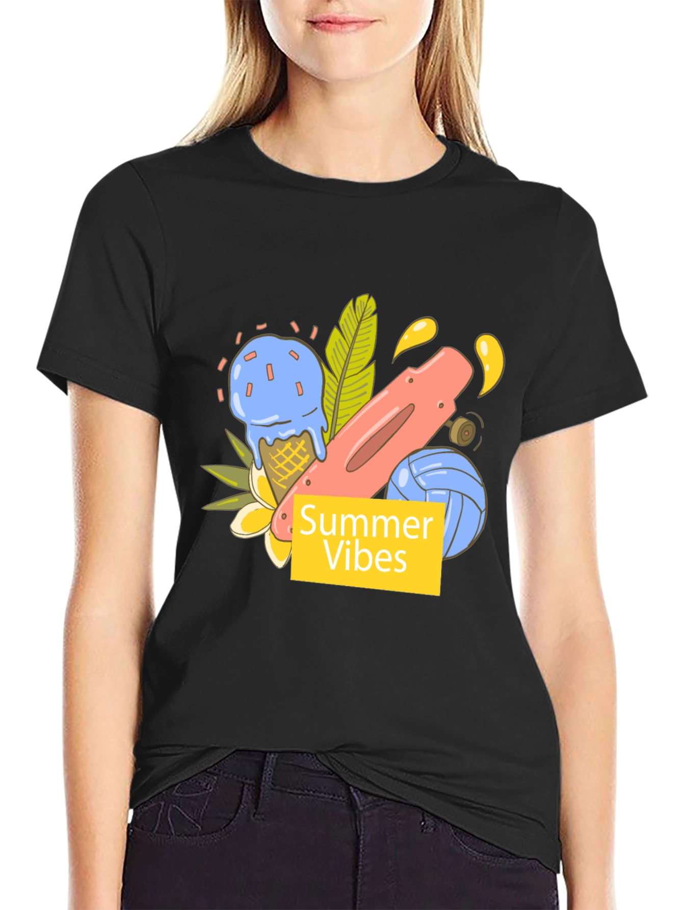 Black Summer Vibes Graphic Tee - Black Cotton T-Shirt view 2