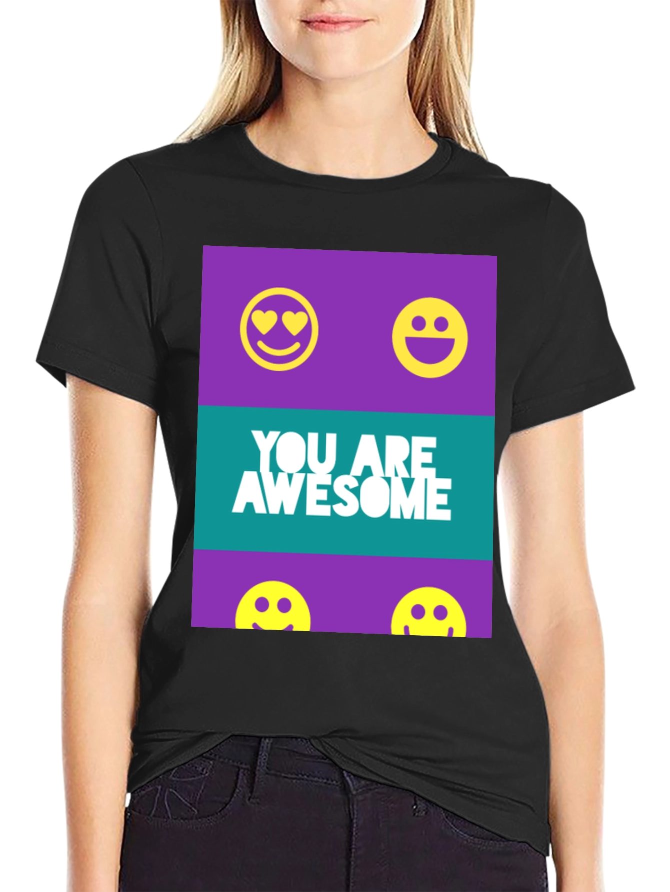 Black Awesome Graphic Tee - Trendy Smiley Face T-Shirt view 2