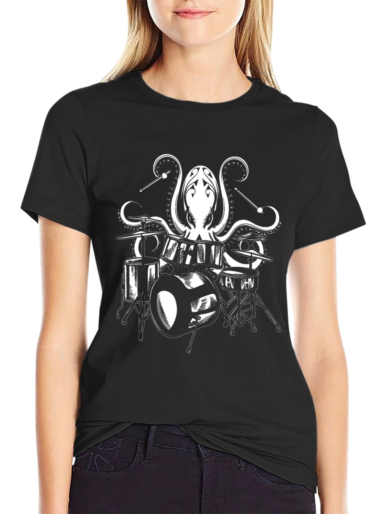Black Octopus Drummer Graphic Tee - Black Cotton T-Shirt view 2