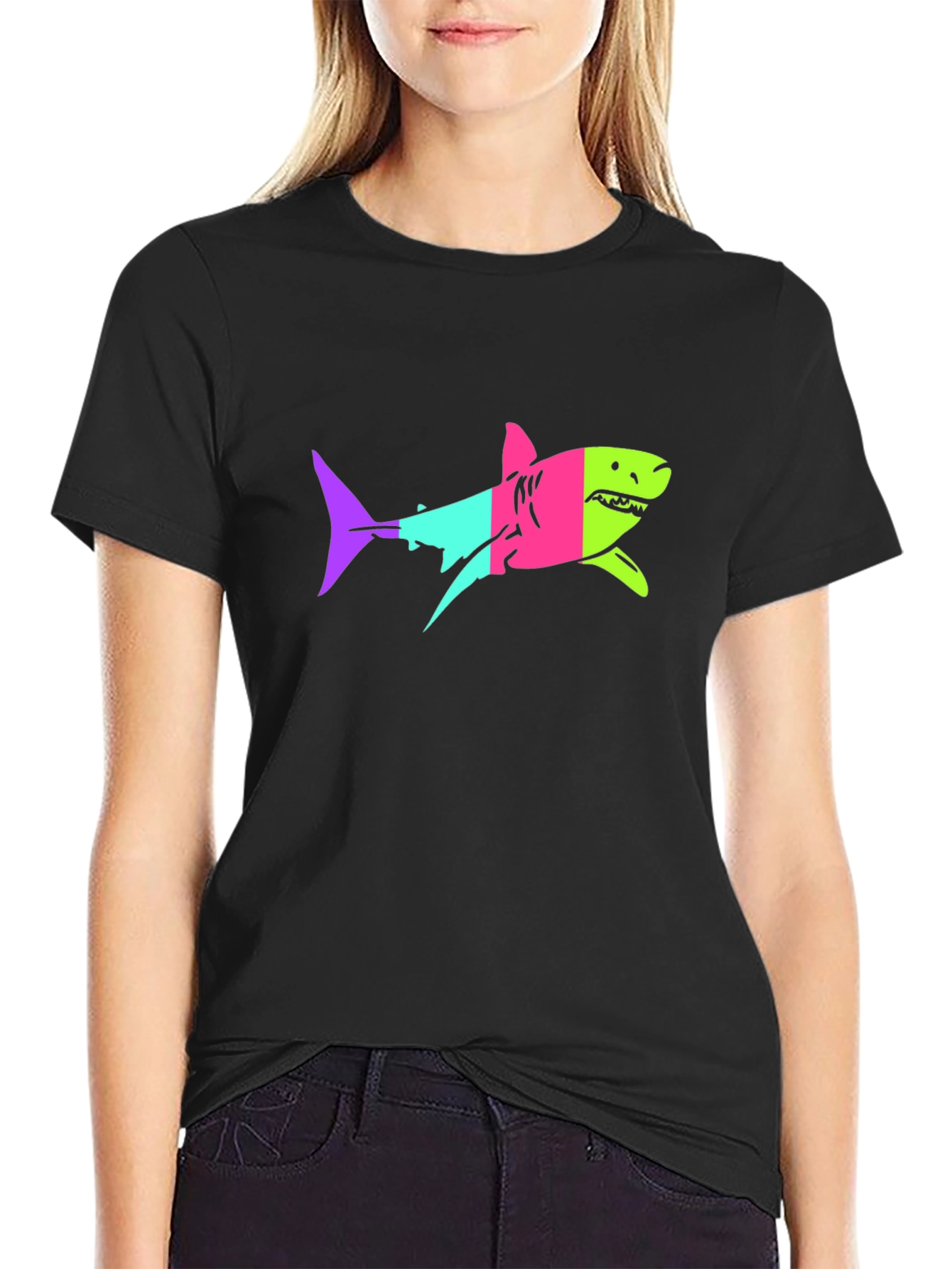 Black Neon Shark Graphic Print Black T-Shirt view 2