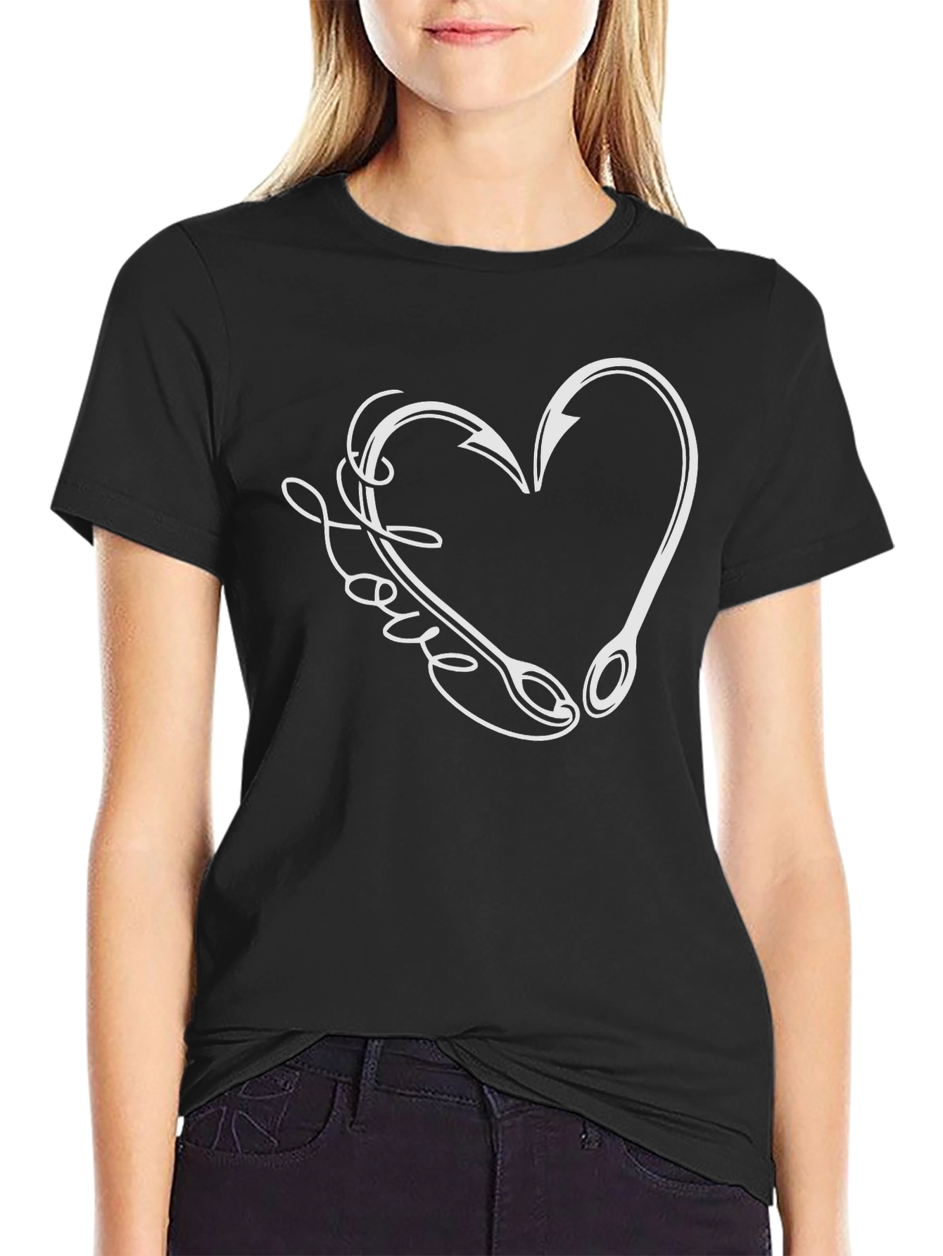 Black Fishing Love Heart Hook Graphic Tee view 2