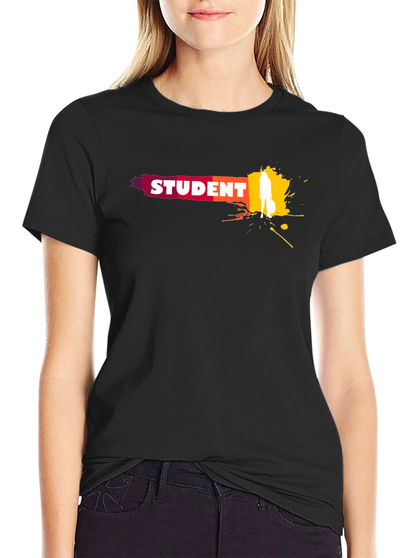 Black Student Graphic T-Shirt - Black Crew Neck Tee view 2