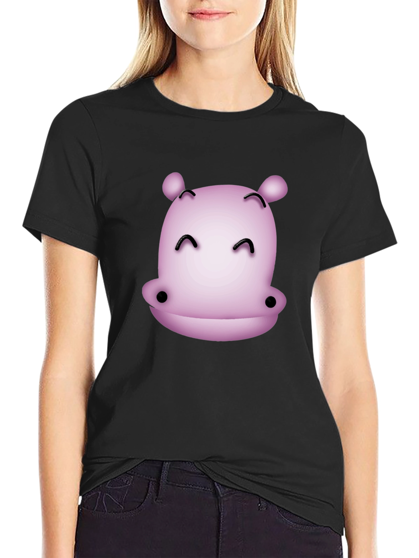 Black Cute Hippo Graphic T-Shirt - Black Casual Tee view 2