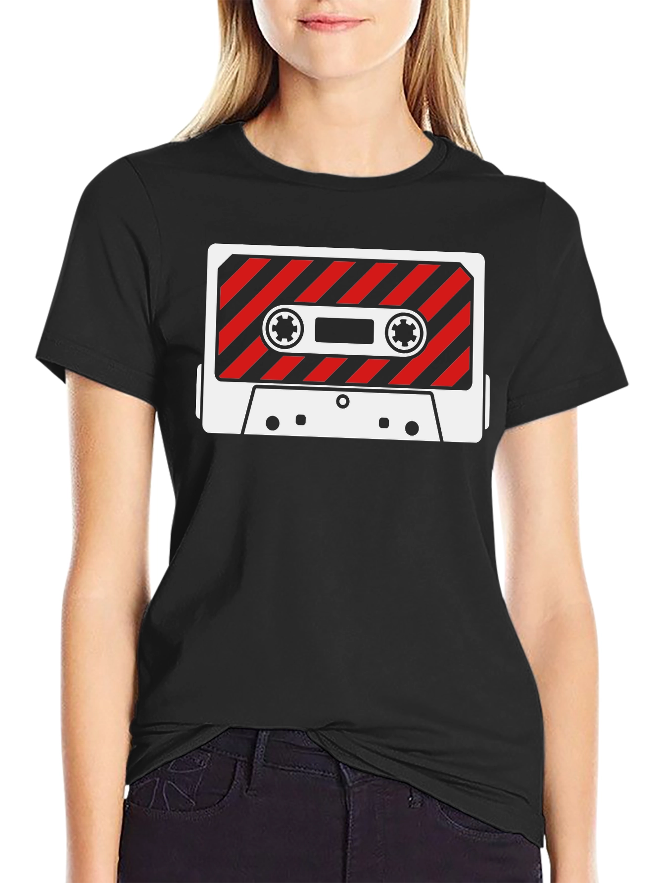 Black Retro Cassette Tape Graphic Tee - Black Cotton T-Shirt view 2