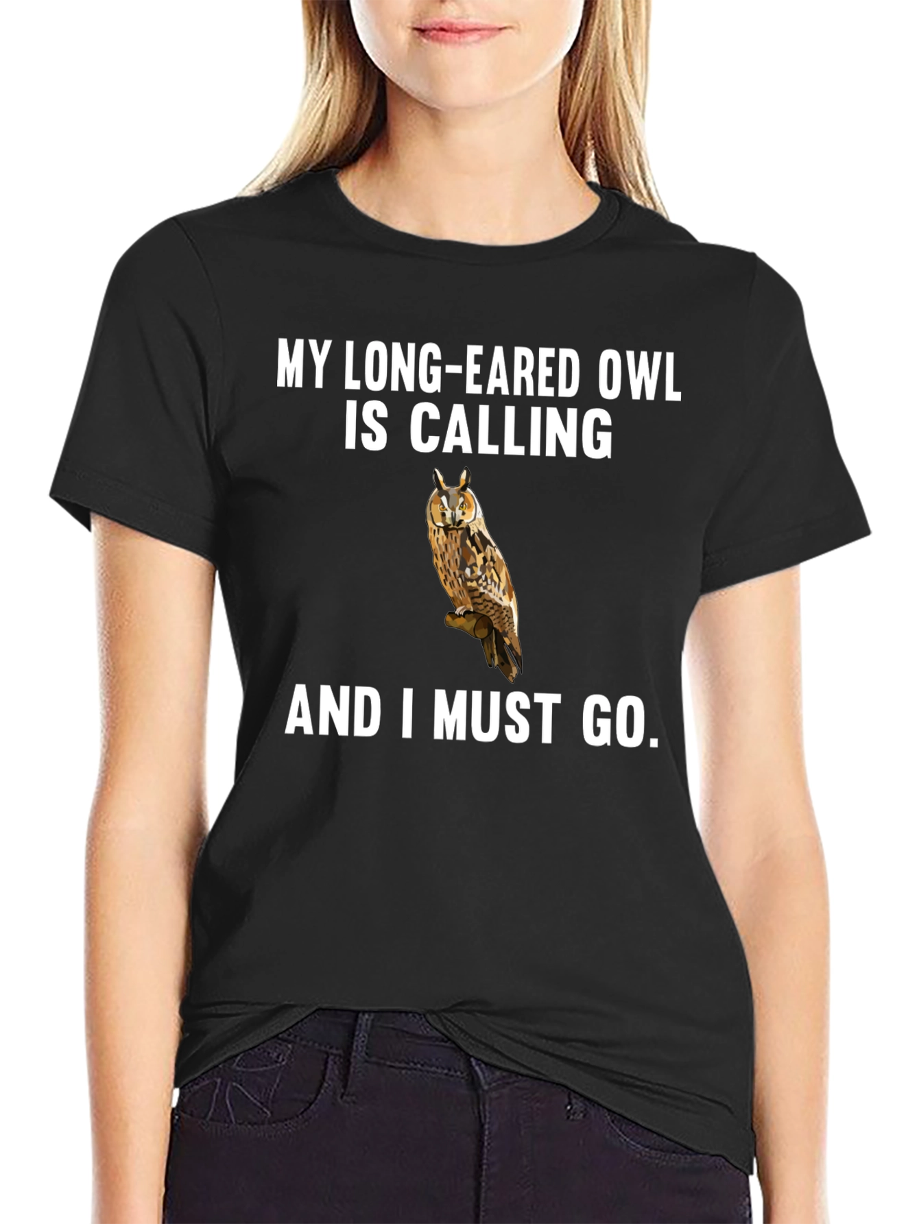 Black Long-Eared Owl Calling T-Shirt - Nature Lover's Tee view 2