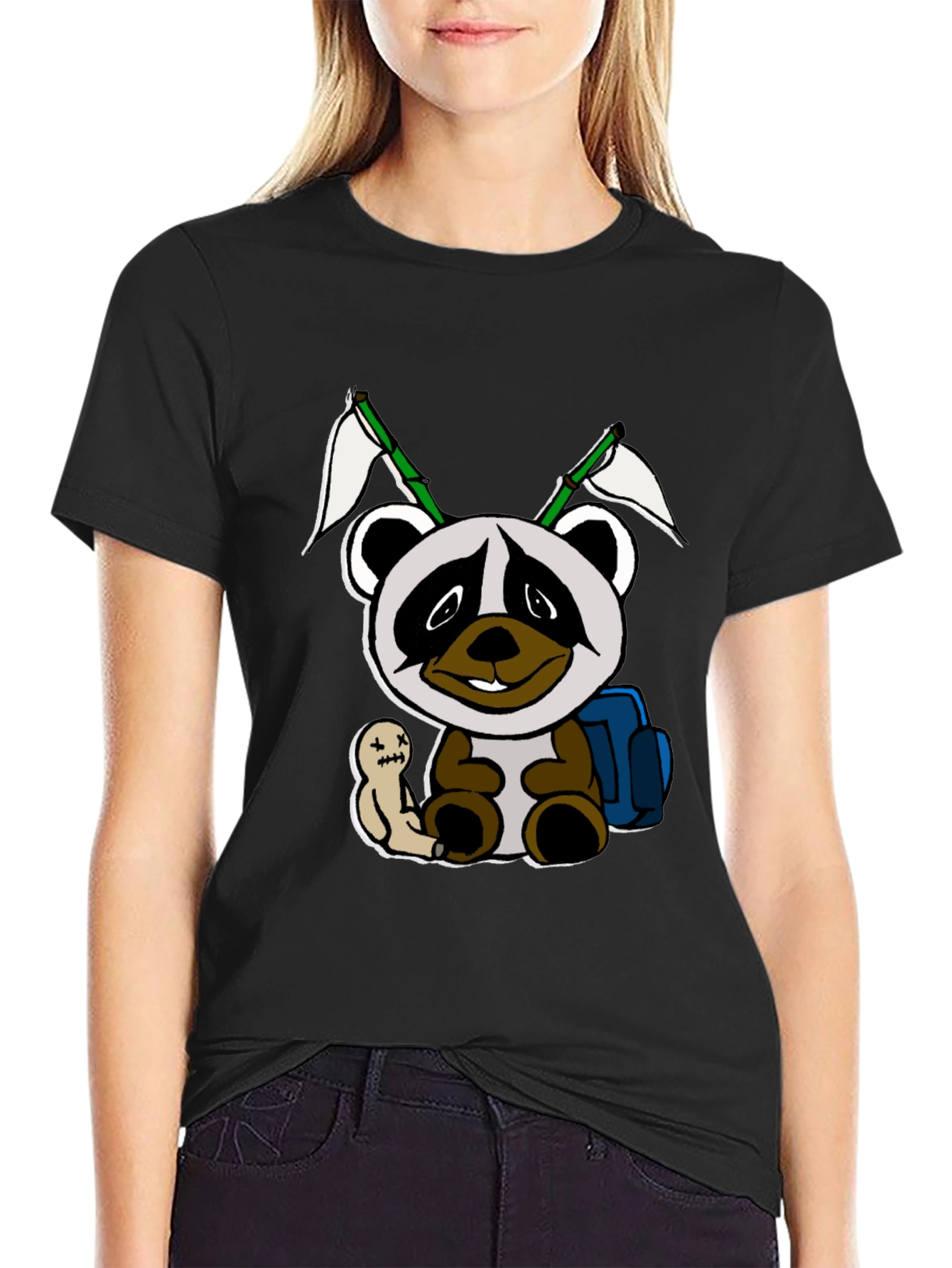 Cartoon Panda Graphic Black Tee - 2
