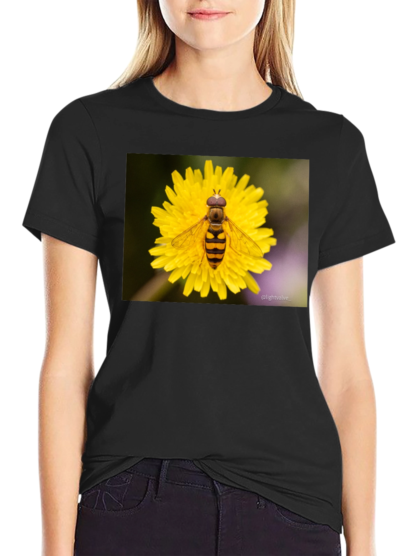 Black Bee on Flower Graphic Tee - Black Cotton T-Shirt view 2