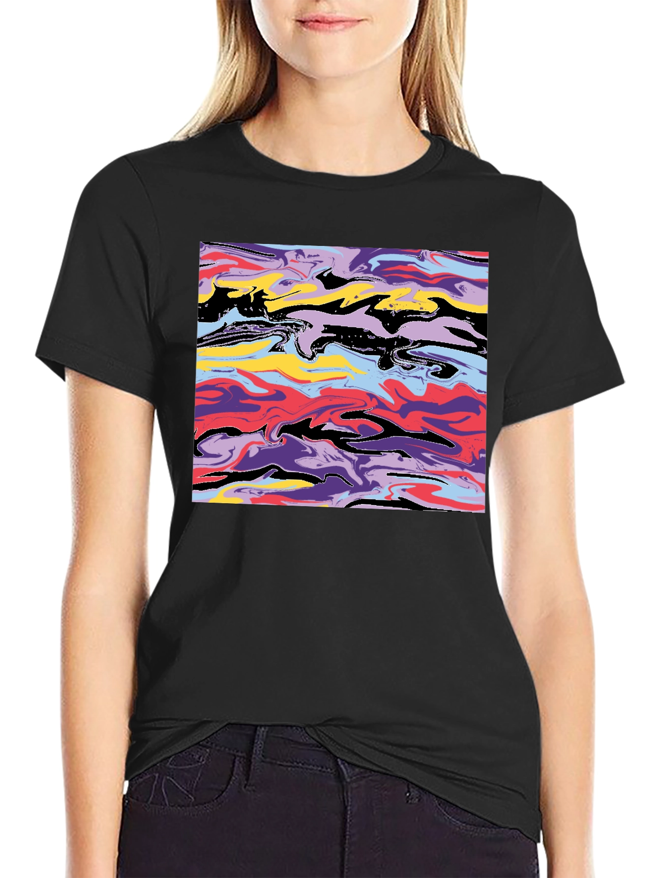 Black Abstract Swirl Graphic Black T-Shirt view 2