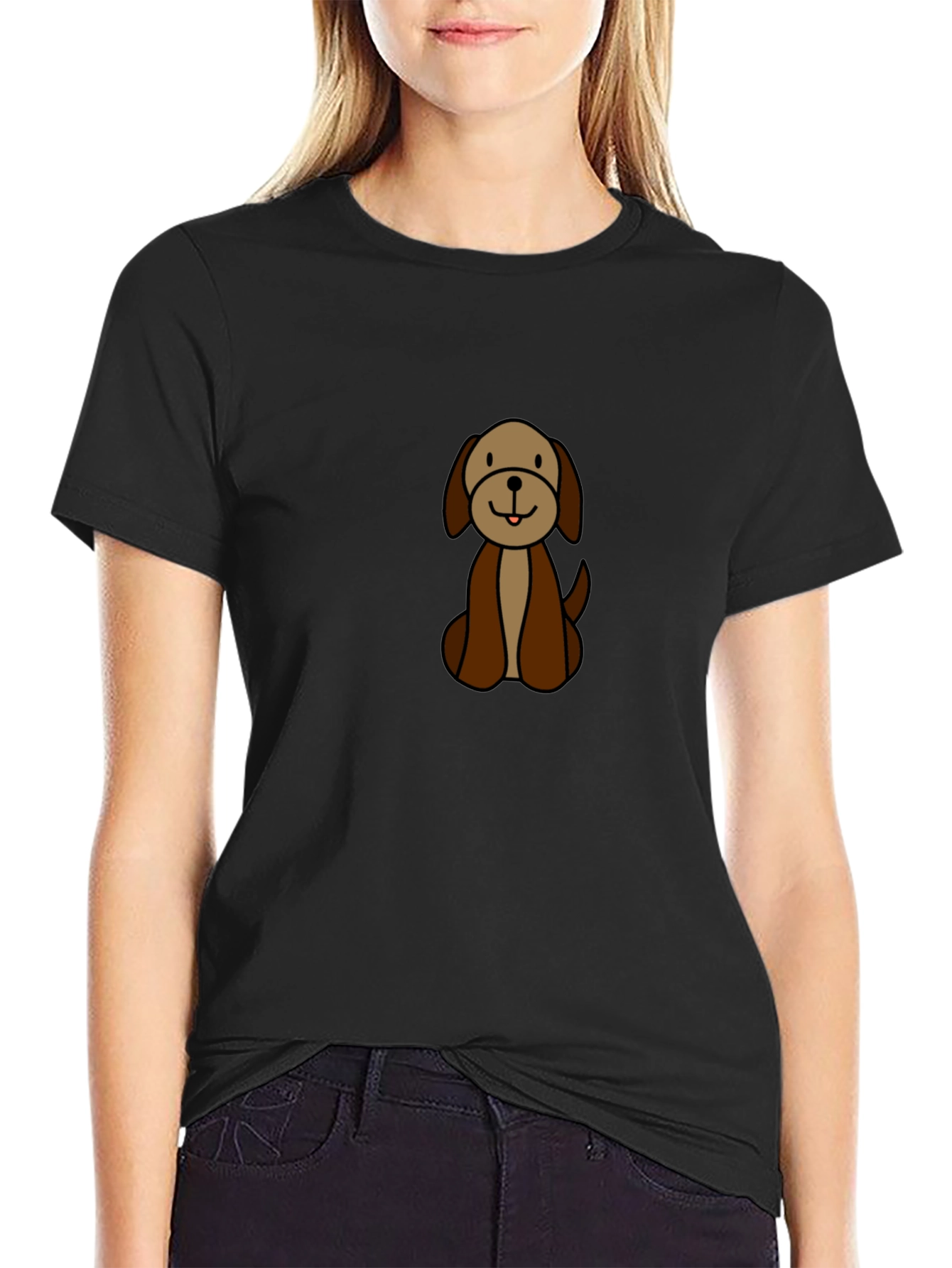 Black Cute Cartoon Dog Graphic Black T-Shirt view 2