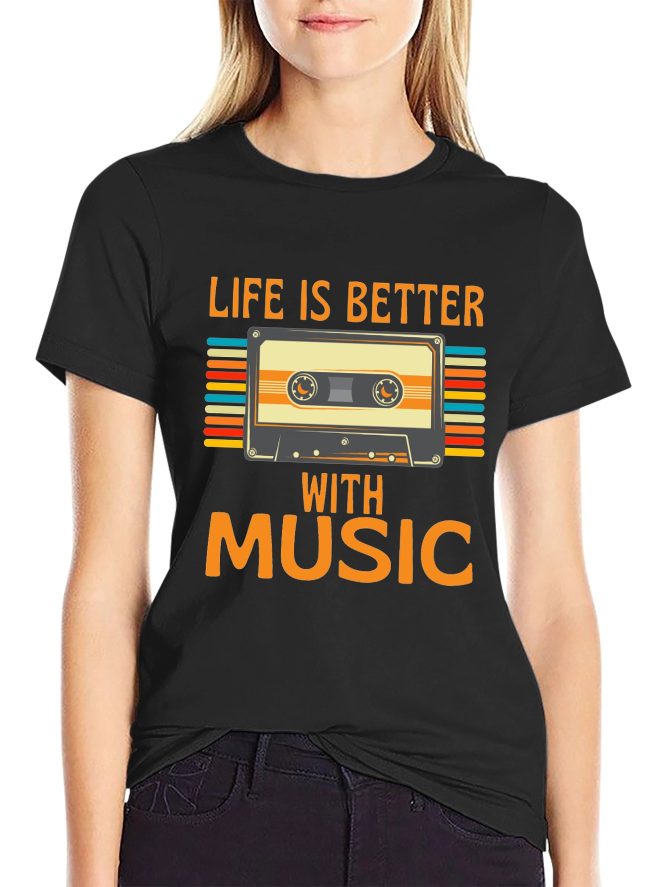 Black Retro Music Cassette T-Shirt - Life is Better With Music view 2
