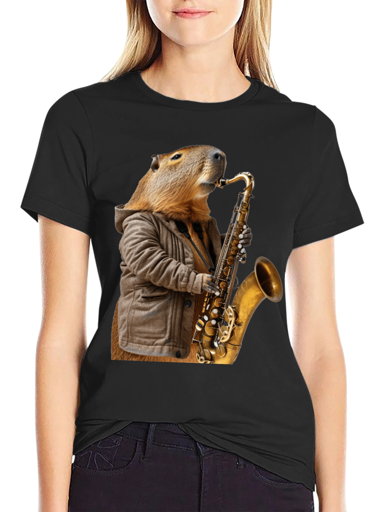 Black Capybara Saxophone T-Shirt view 2