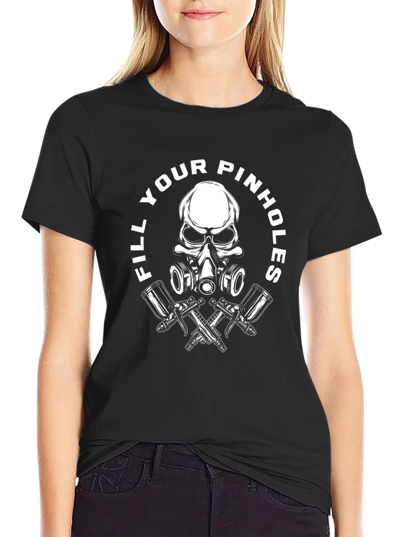 Black Fill Your Pinhole Skull Graphic Black T-Shirt view 2