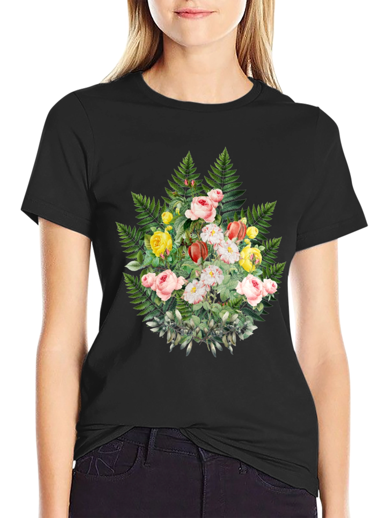 Black Floral Fern Graphic Tee - Stylish Black T-Shirt view 2