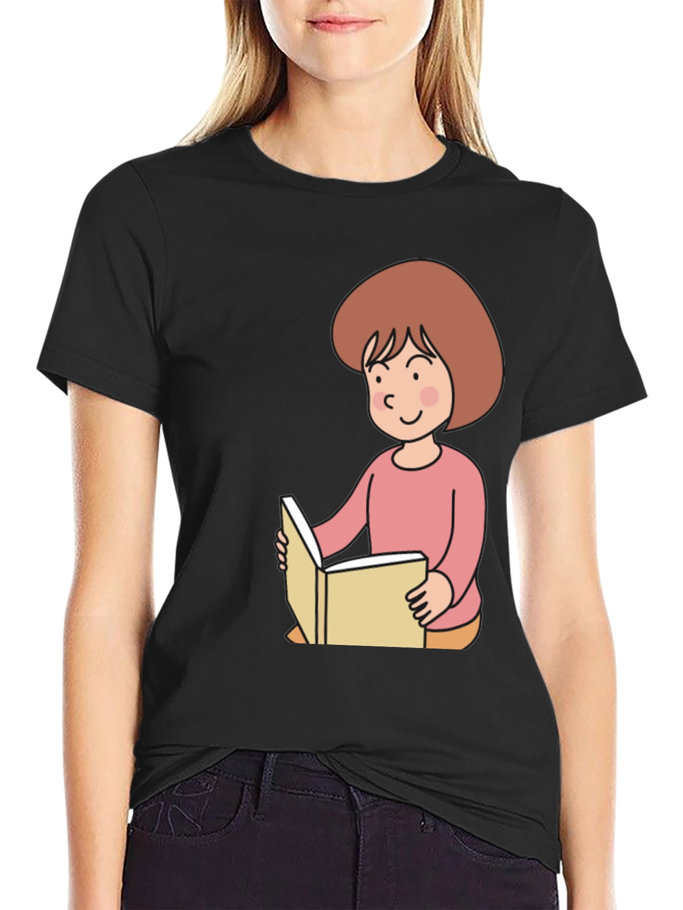Black Reading Girl Black T-Shirt - Cute Cartoon Design view 2