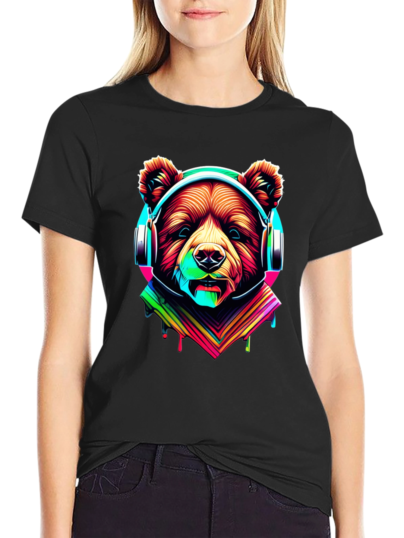 Black Neon Bear Headphones Graphic Tee view 2