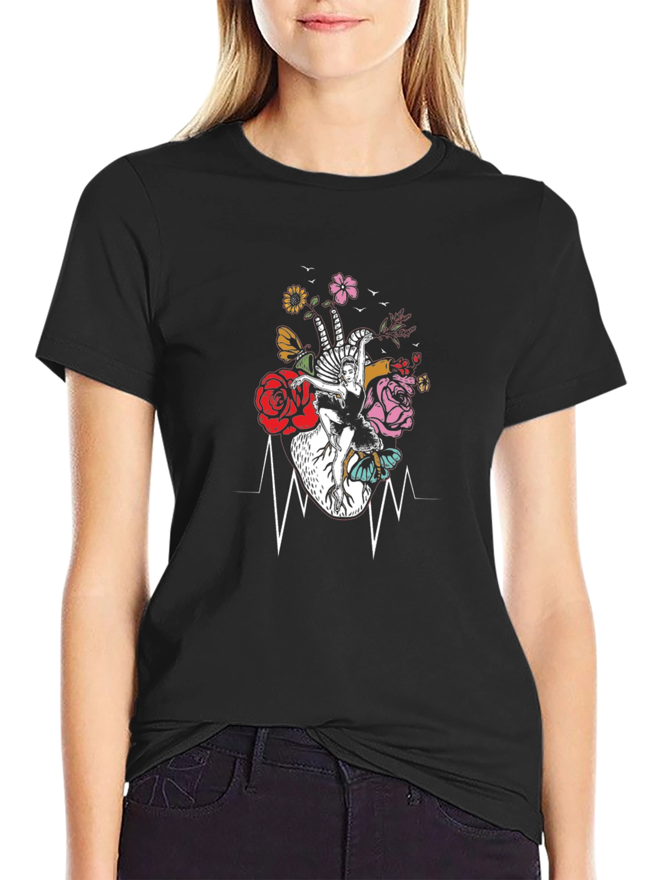 Black Floral Heartbeat Dancer Graphic Tee view 2
