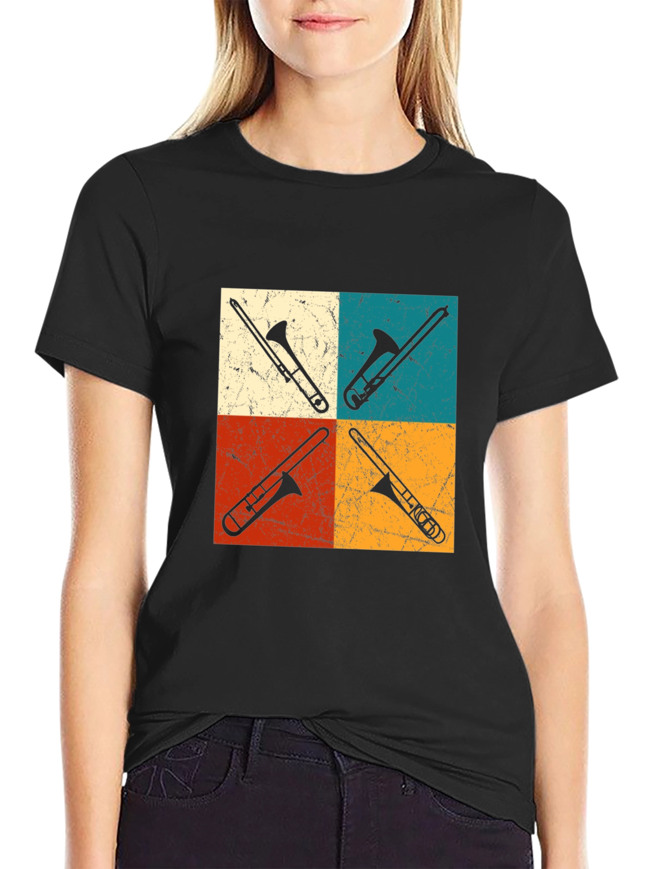 Black Retro Trombone Quartet Tee view 2