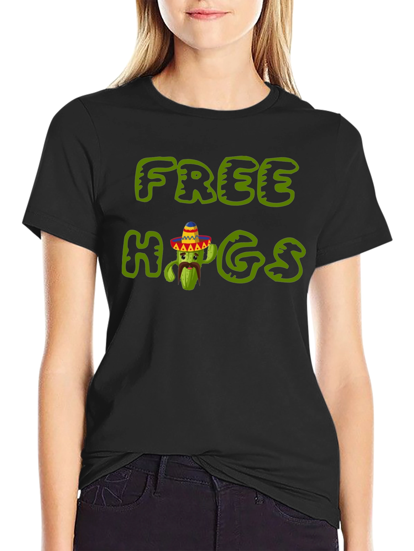 Black Free Hugs Cactus Tee - Soft Black Cotton T-Shirt view 2