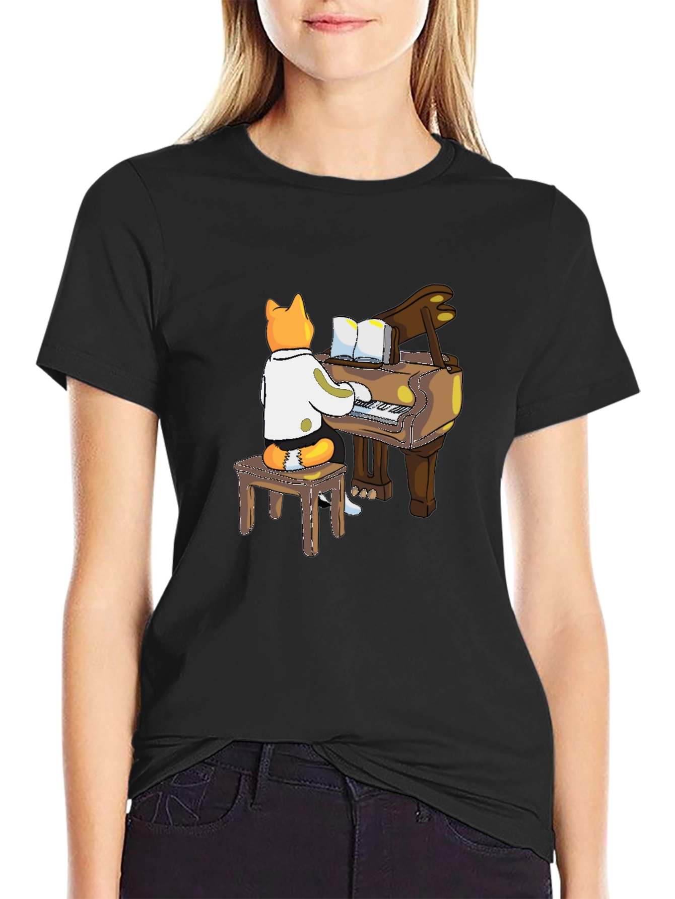 Black Cat Pianist T-Shirt - Black Graphic Tee view 2