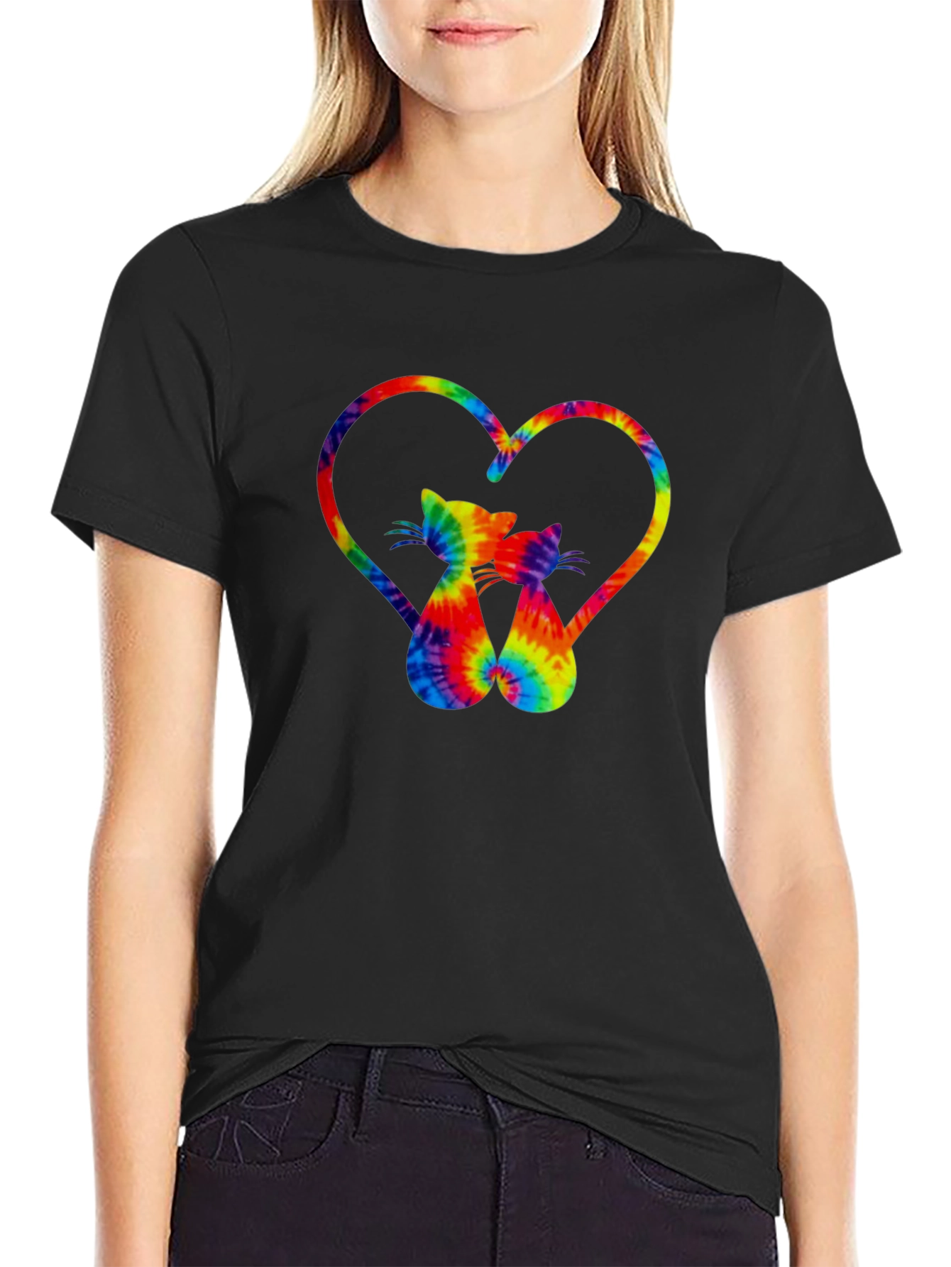 Black Tie-Dye Cat Heart Graphic Tee - Stylish Casual Wear view 2