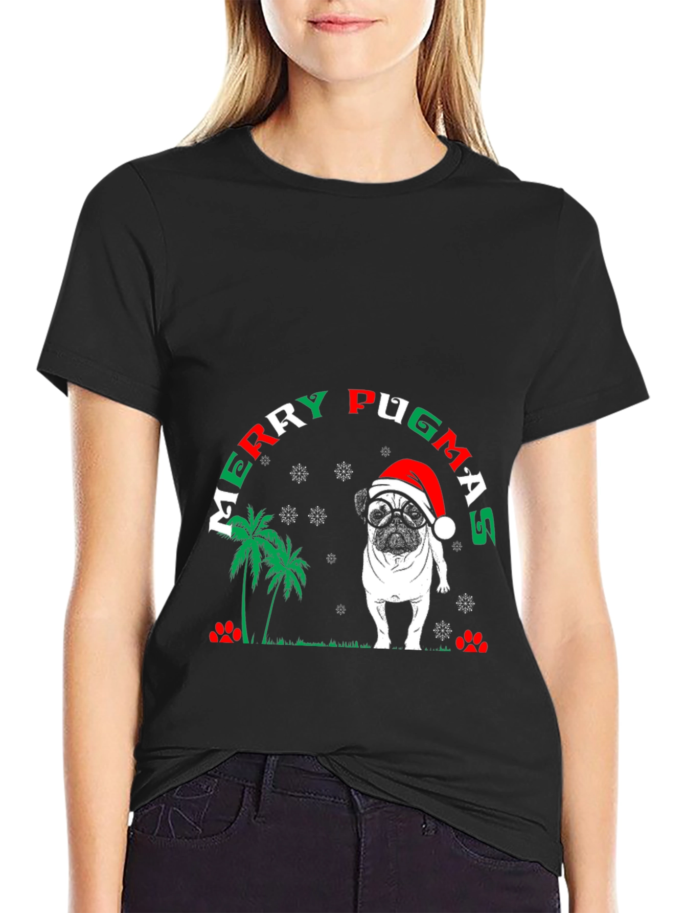 Black Merry Pugmas Christmas T-Shirt view 2