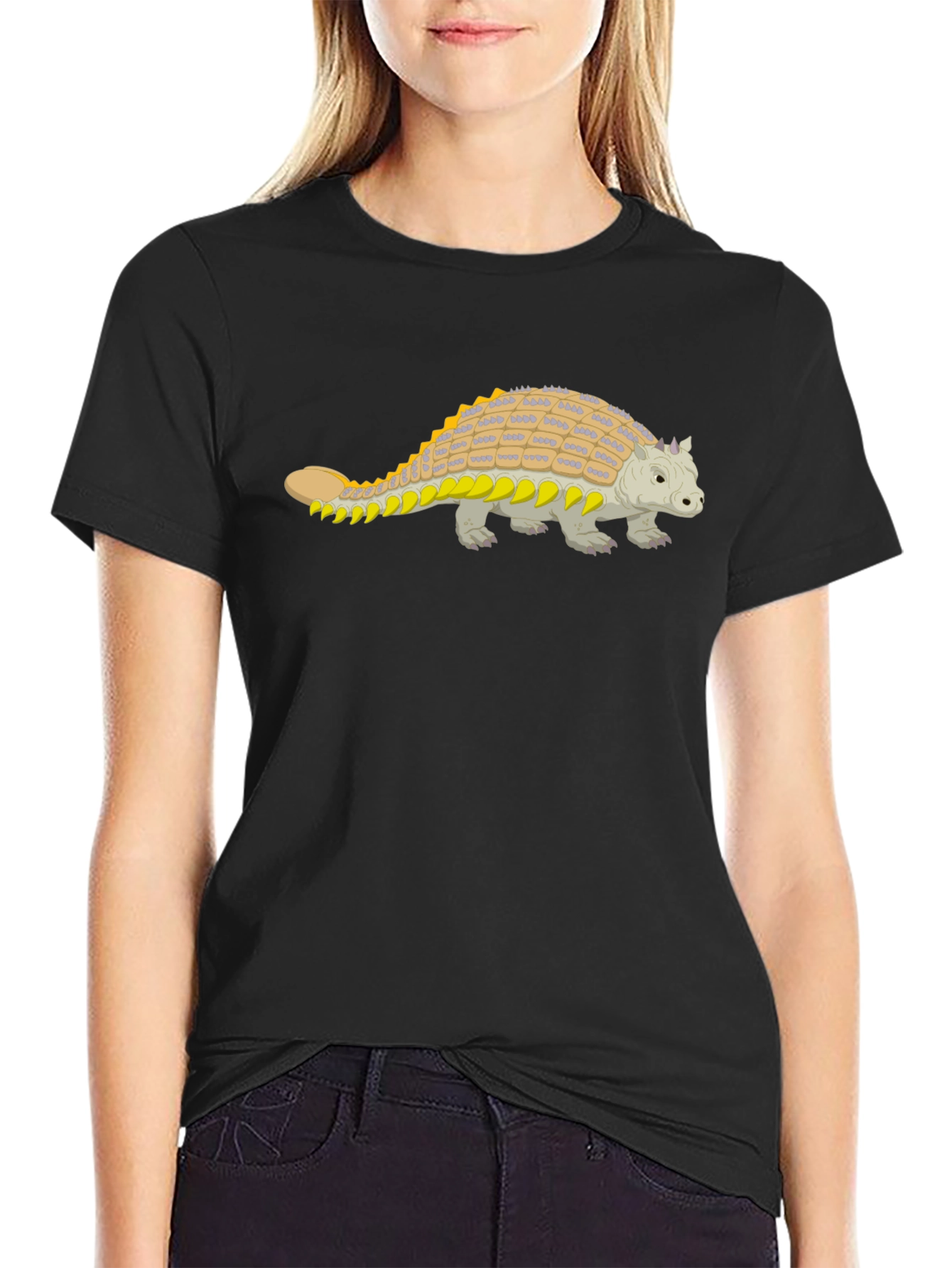 Black Ankylosaurus Dinosaur Graphic Tee - Black Cotton Shirt view 2