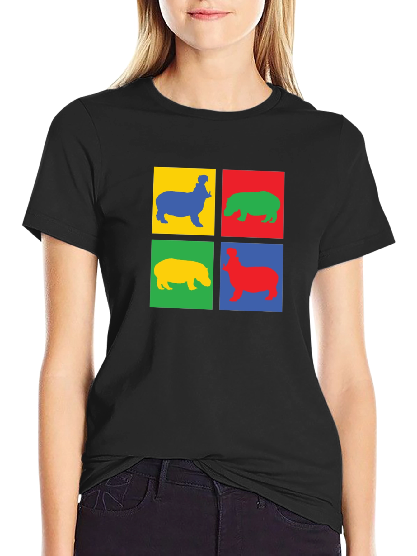Black Colorful Hippo Pop Art Black T-Shirt view 2