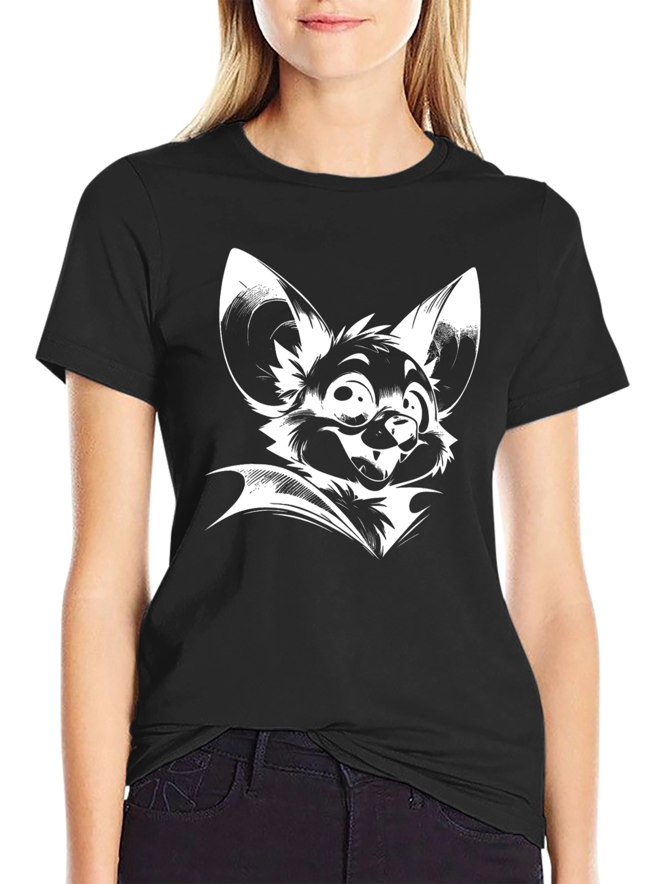 Black Black T-Shirt with White Bat Cartoon Print view 2
