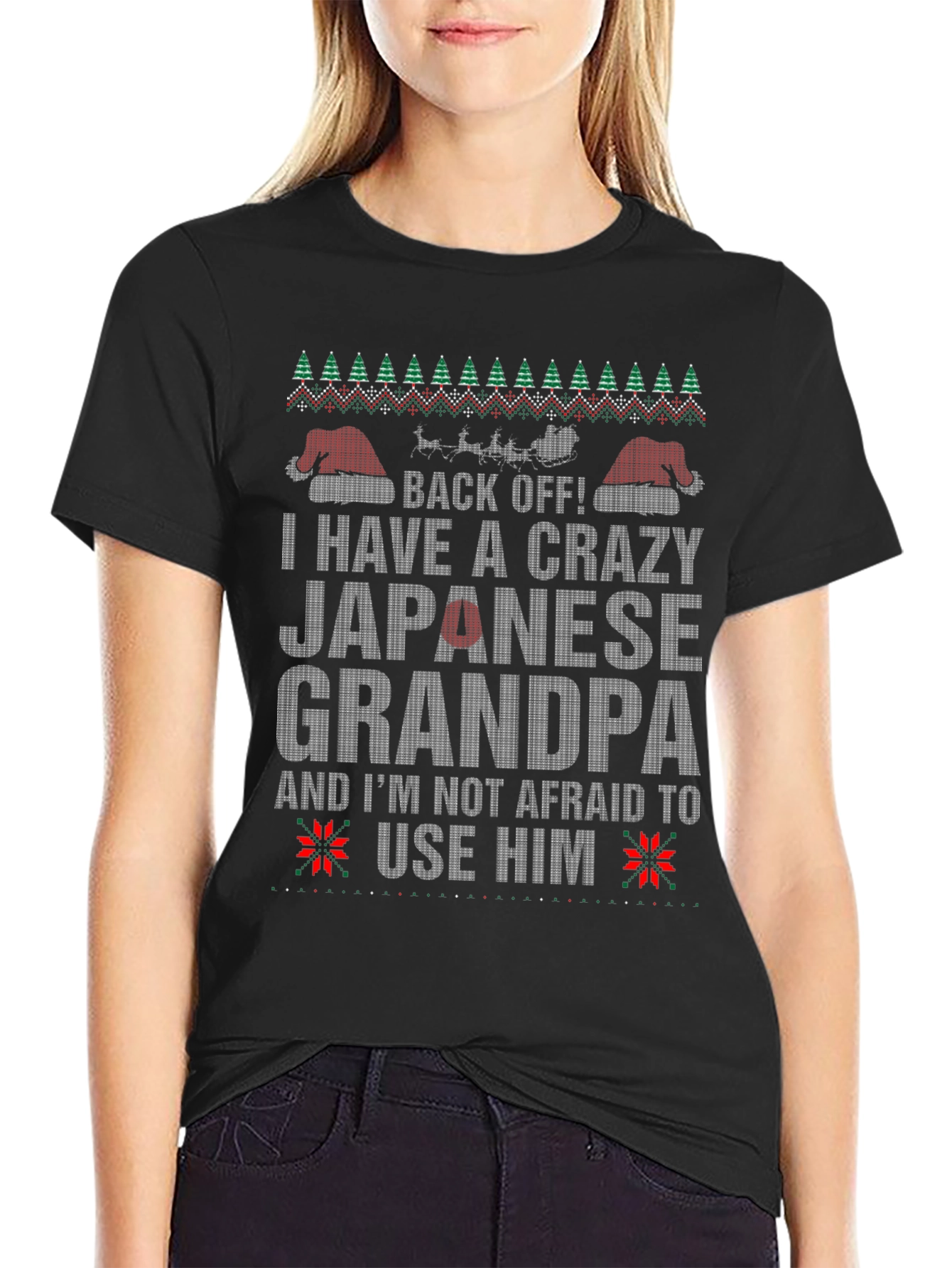 Black Crazy Japanese Grandpa Christmas T-Shirt view 2