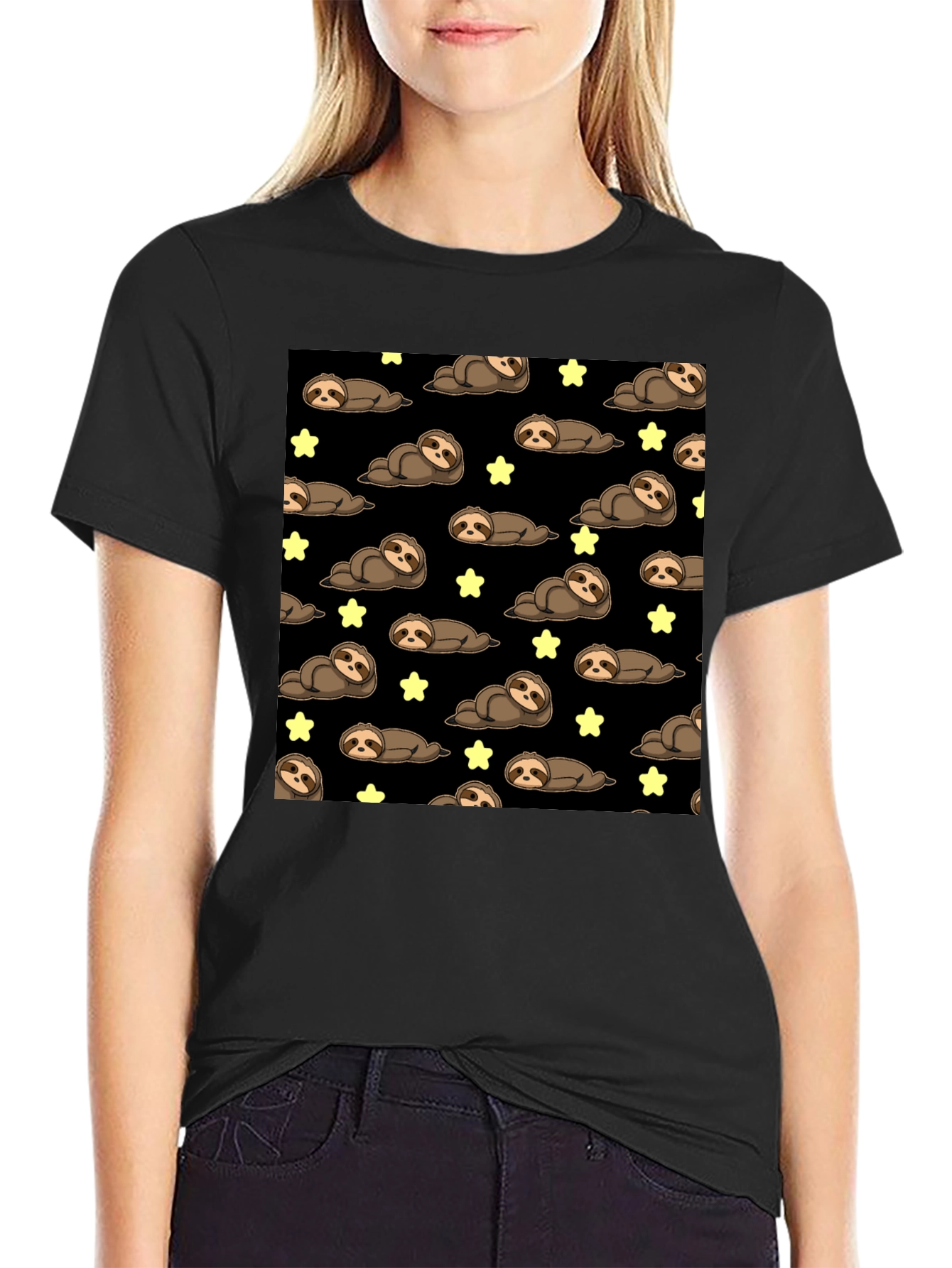 Black Cute Sloth Starry Night T-Shirt view 2