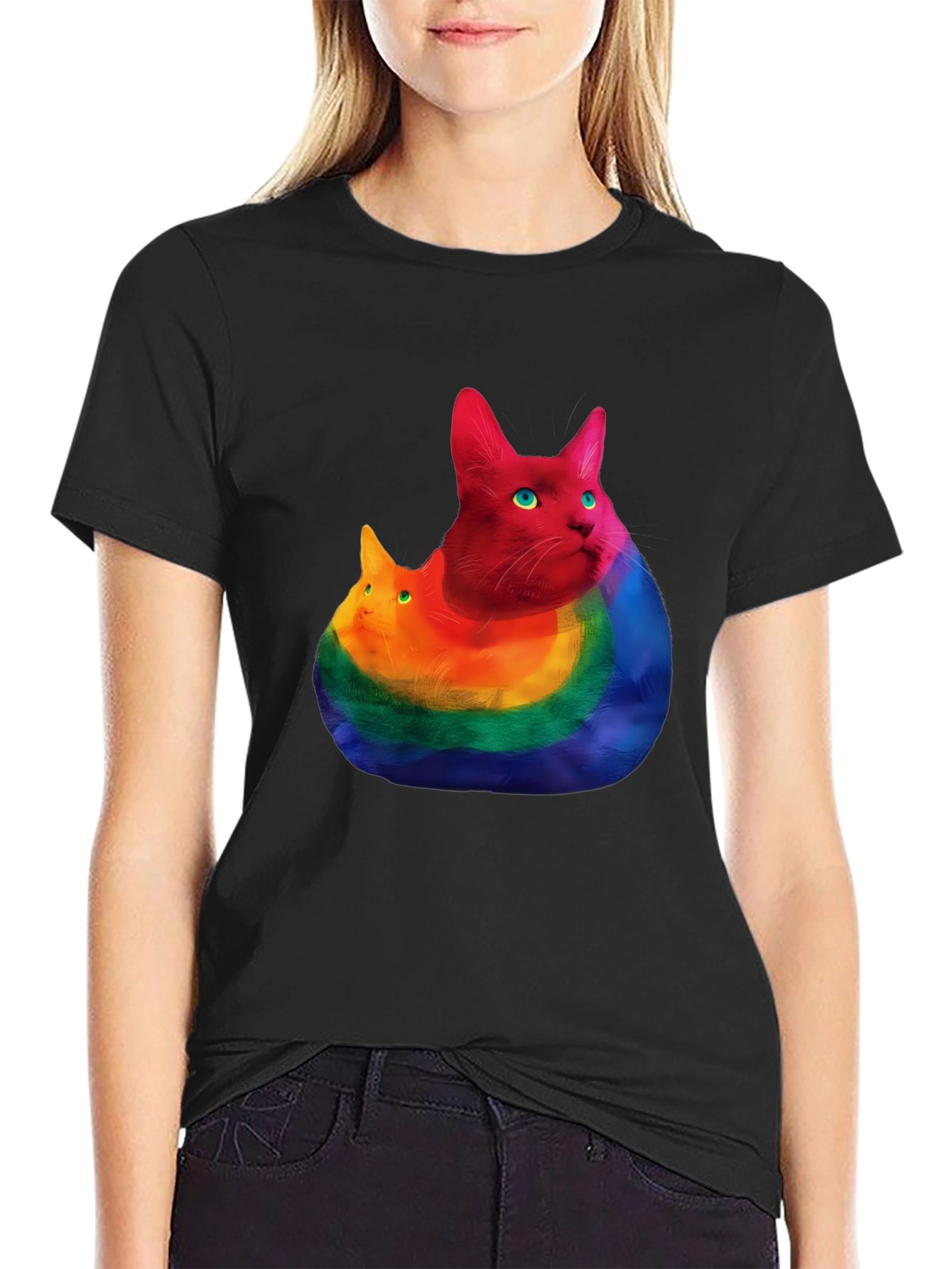 Black Rainbow Cat Graphic T-Shirt - Prideful Purrfection view 2