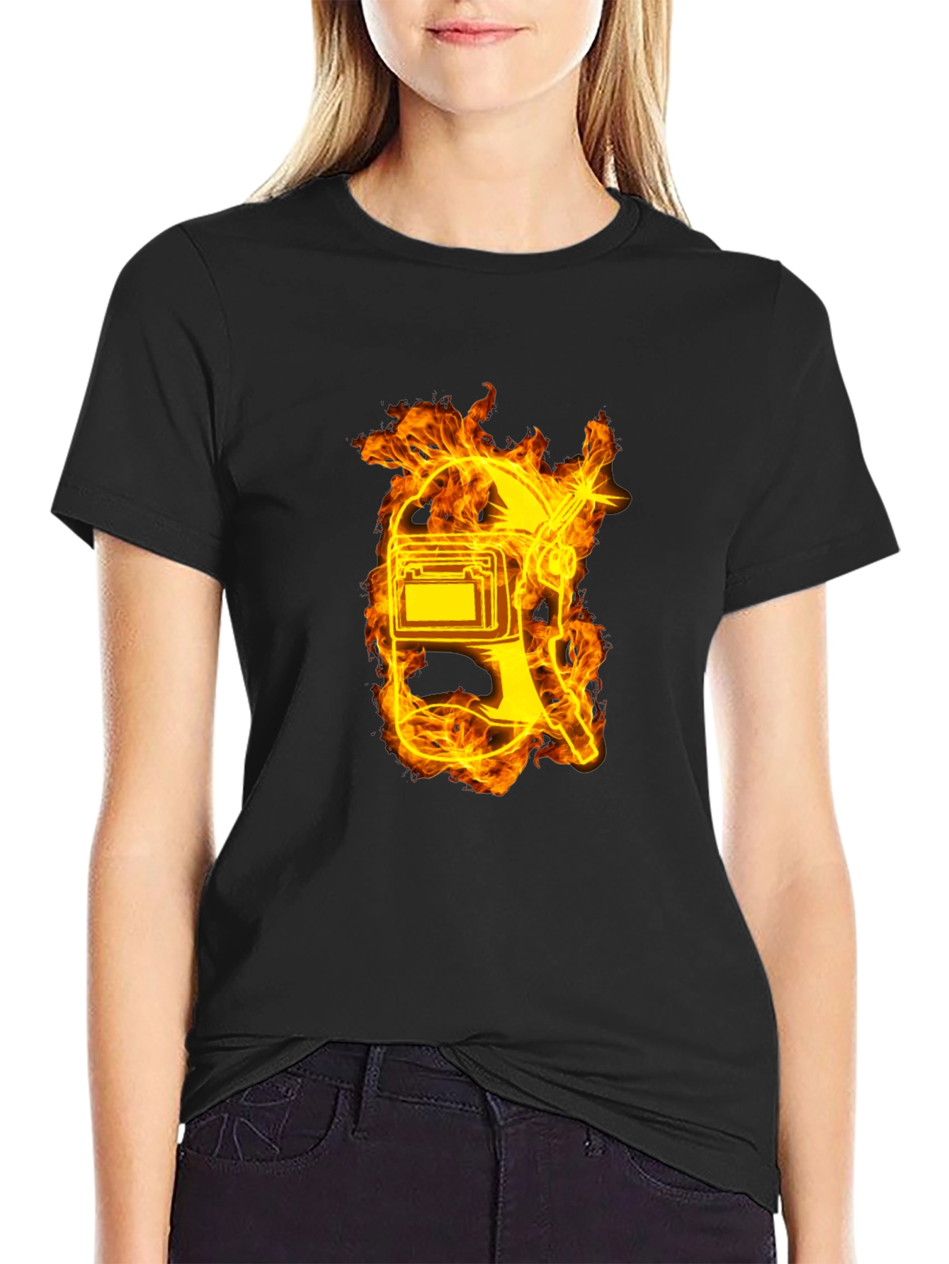 Black Flaming Welder T-Shirt - Black Cotton Tee view 2