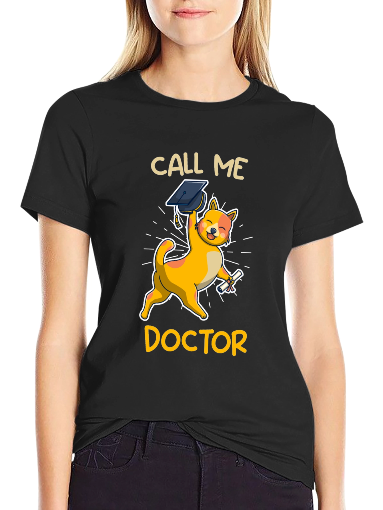 Black Call Me Doctor Grad Cat T-Shirt view 2