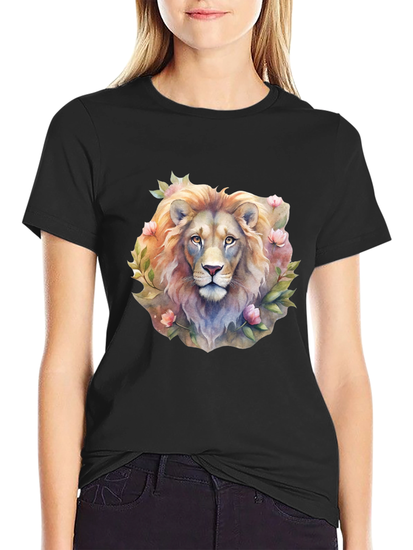 Black Lion Floral Print T-Shirt - Black view 2