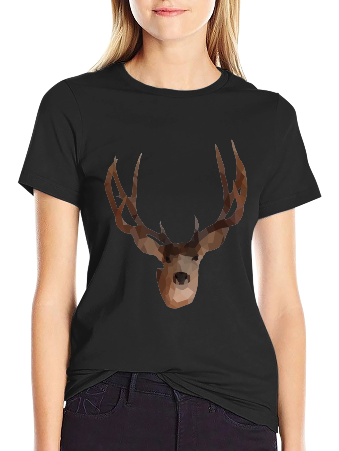 Black Geometric Deer Graphic T-Shirt - Black view 2