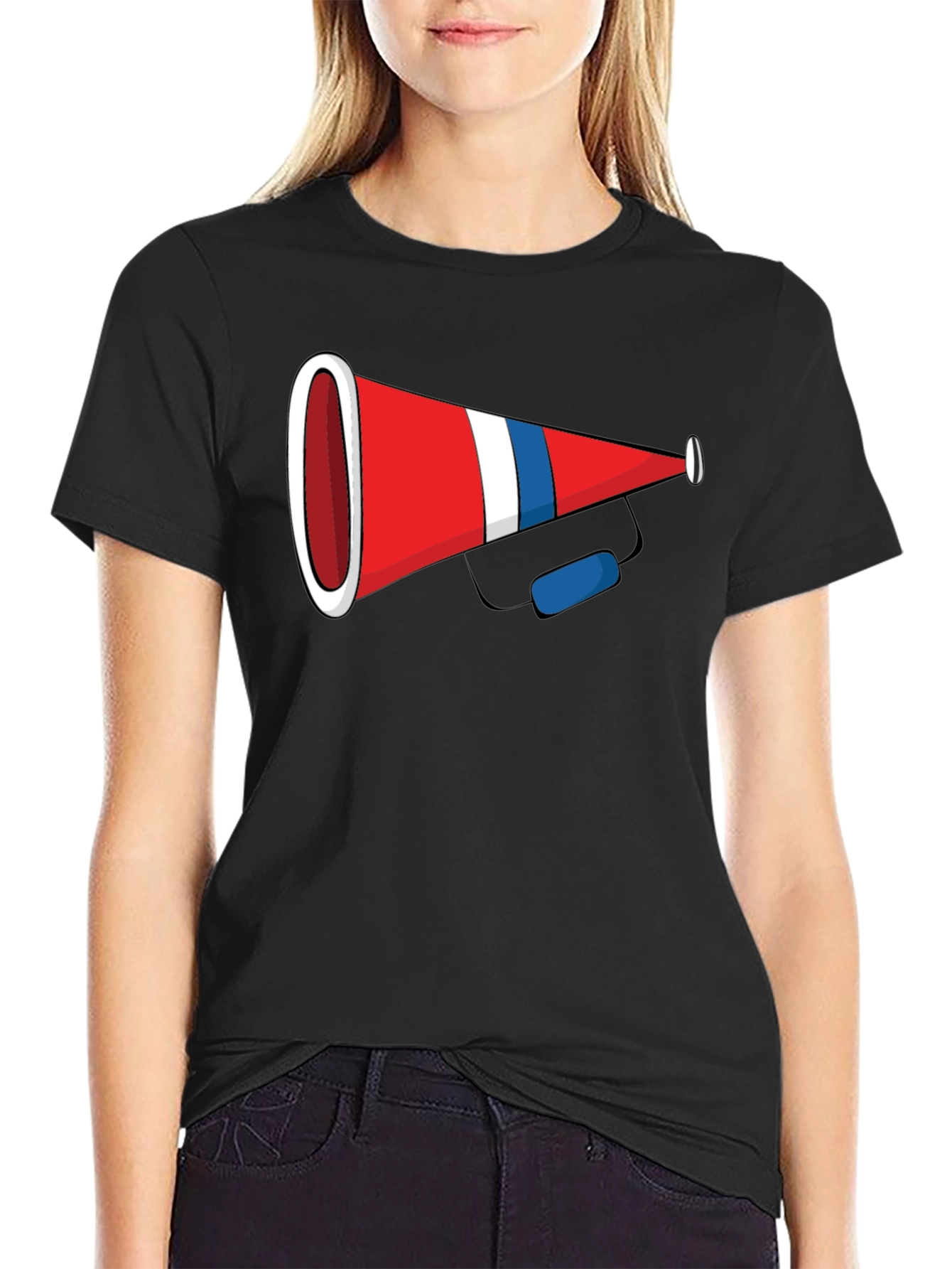 Black Novelty Cheerleader Megaphone Graphic Black T-Shirt view 2