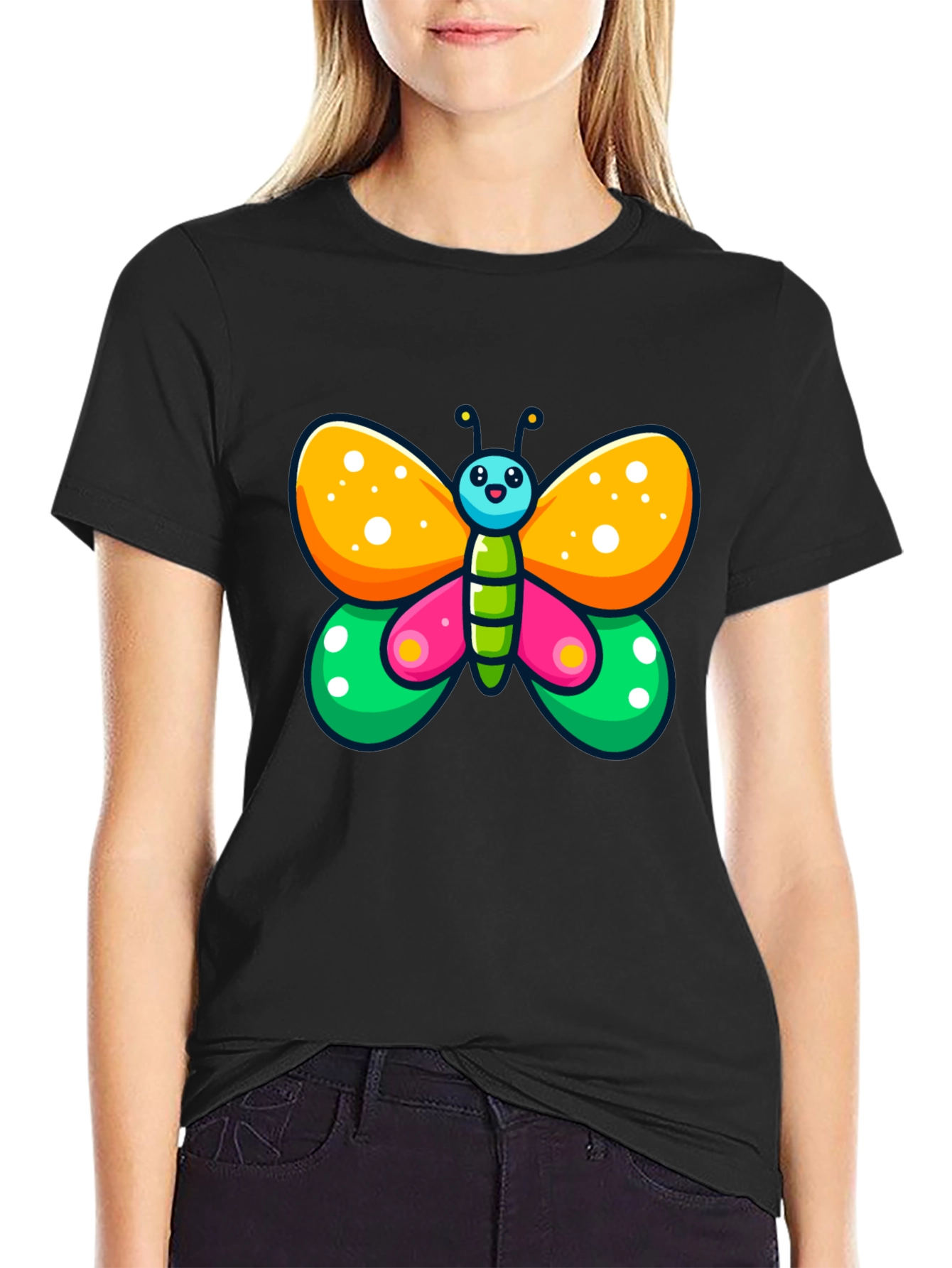 Black Cartoon Butterfly Graphic Black T-Shirt view 2