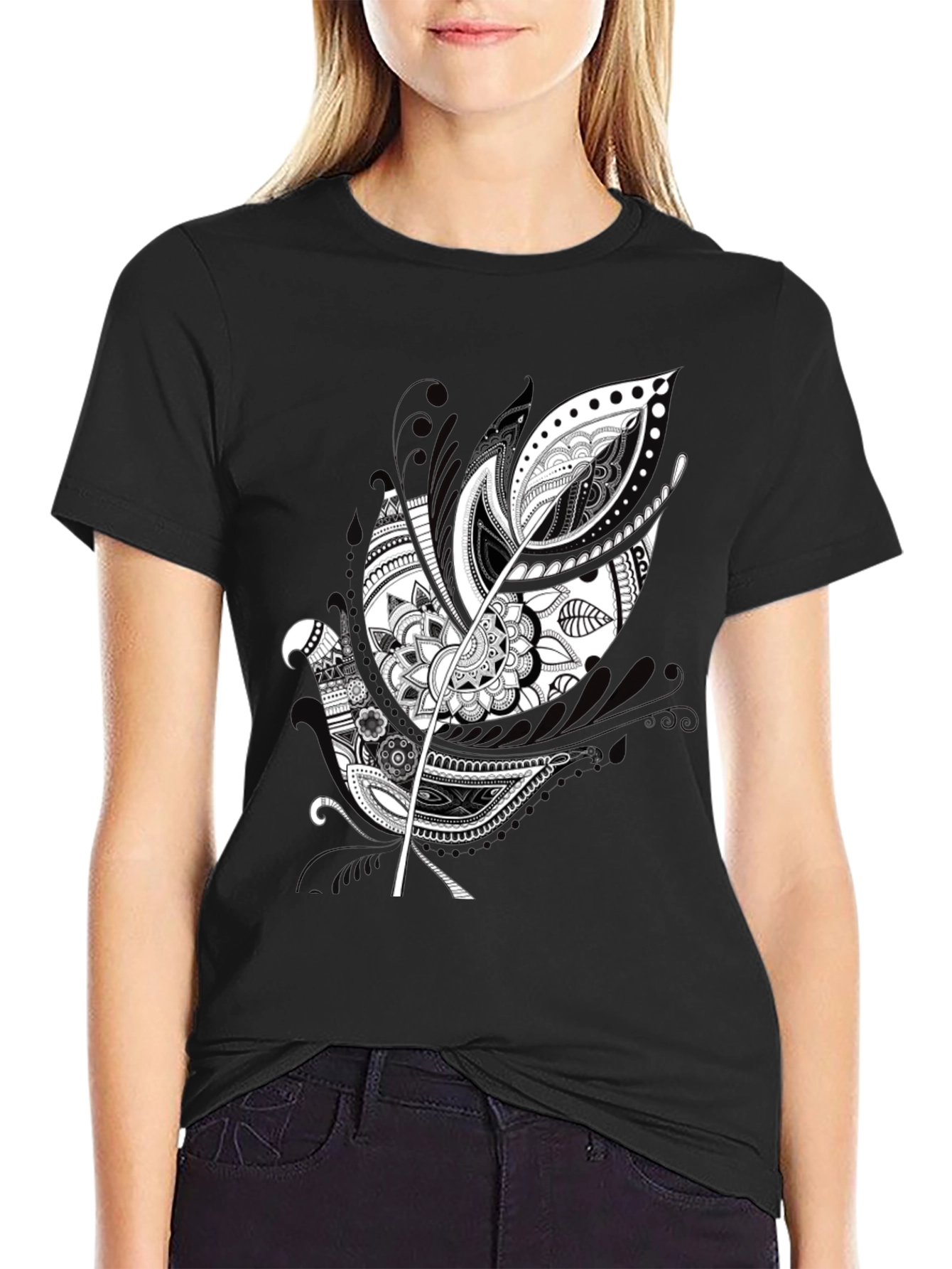 Black Black Graphic Tee - Feather Mandala Design view 2