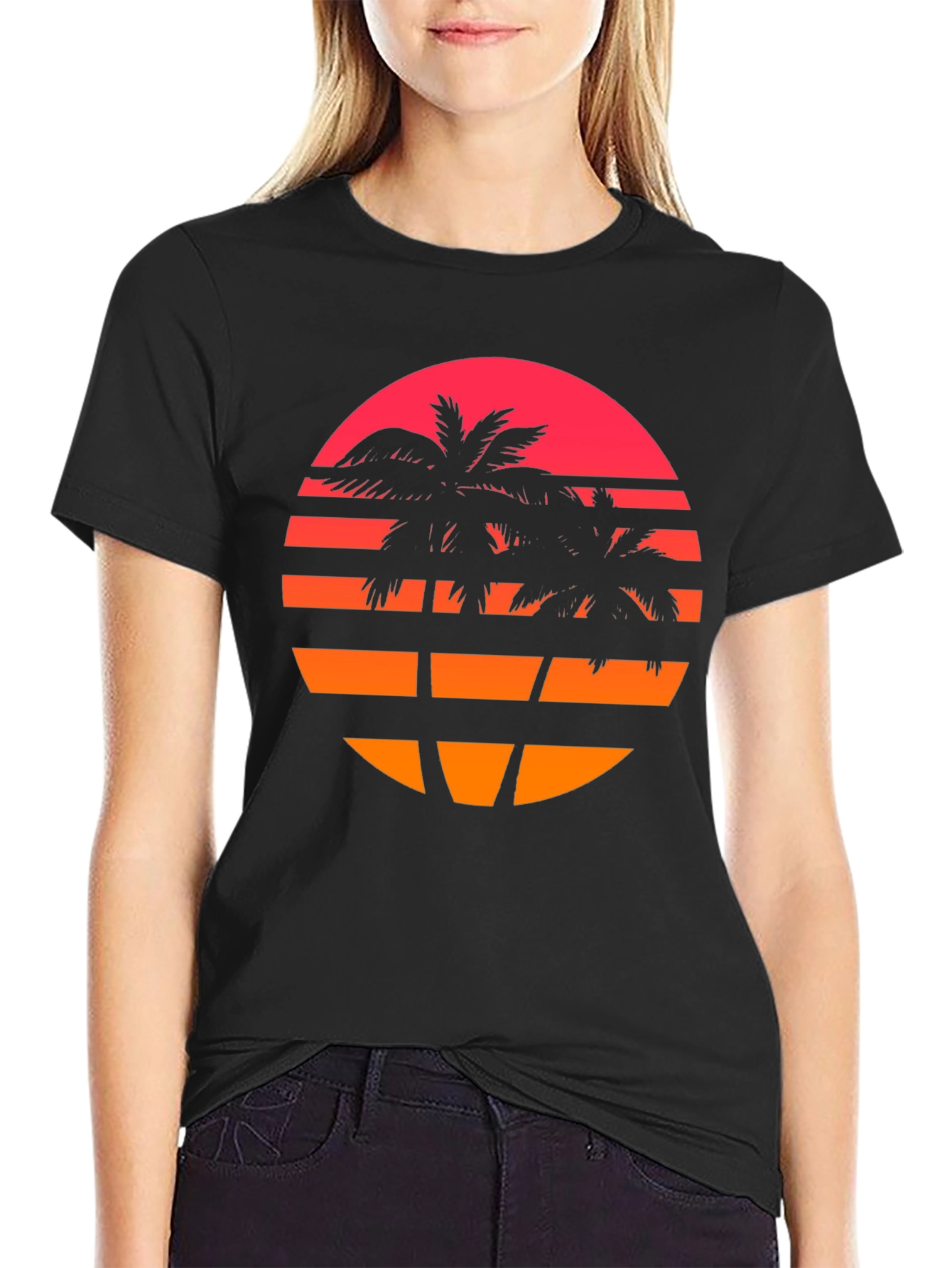 Black Retro Sunset Palm Tree Graphic T-Shirt view 2