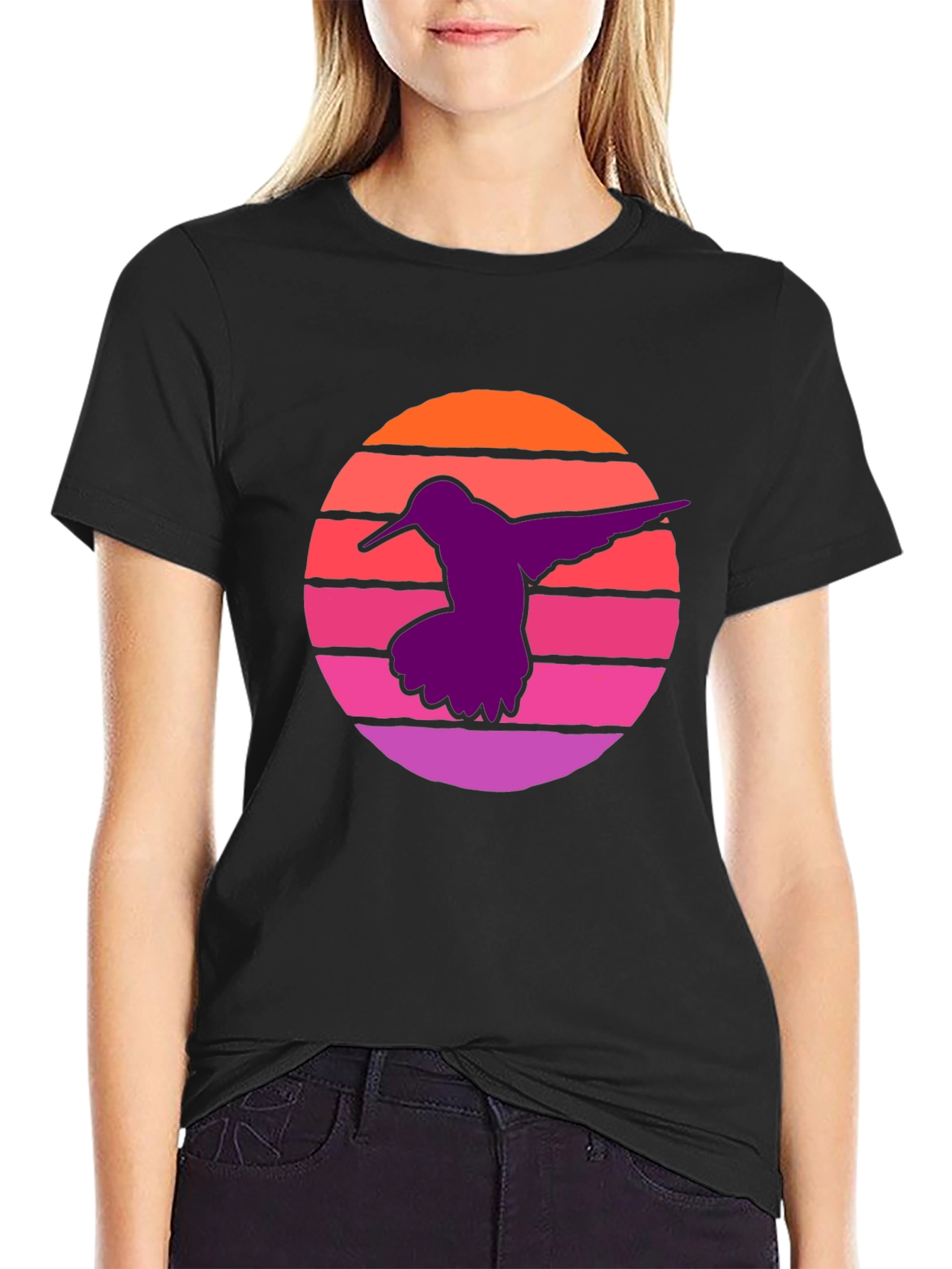 Black Hummingbird Sunset T-Shirt - Retro Style Black Tee view 2